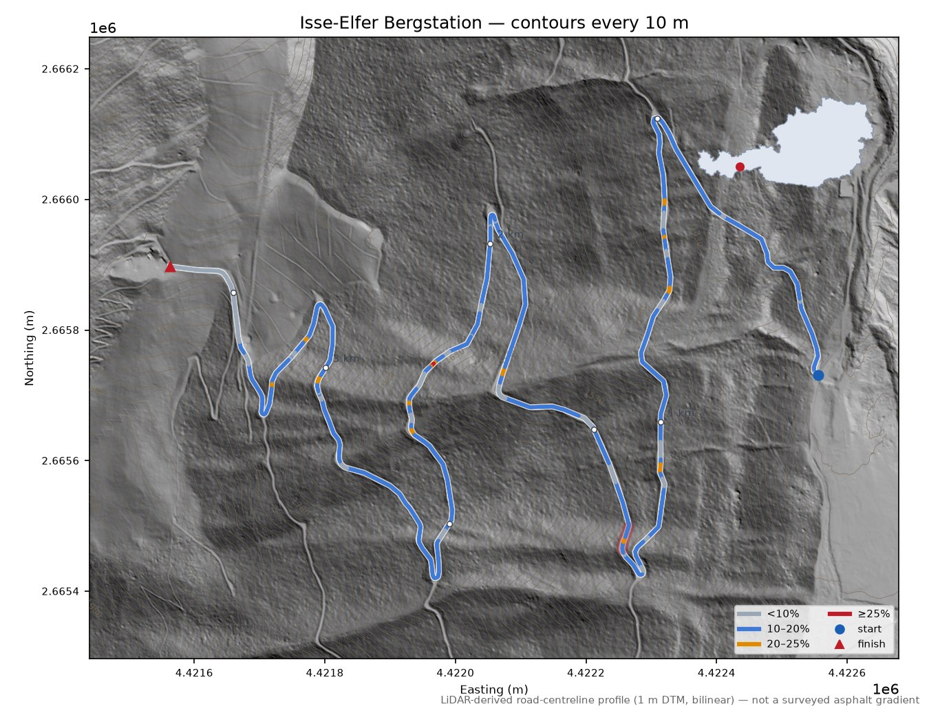 Isse-Elfer Bergstation LiDAR hillshade map with contours