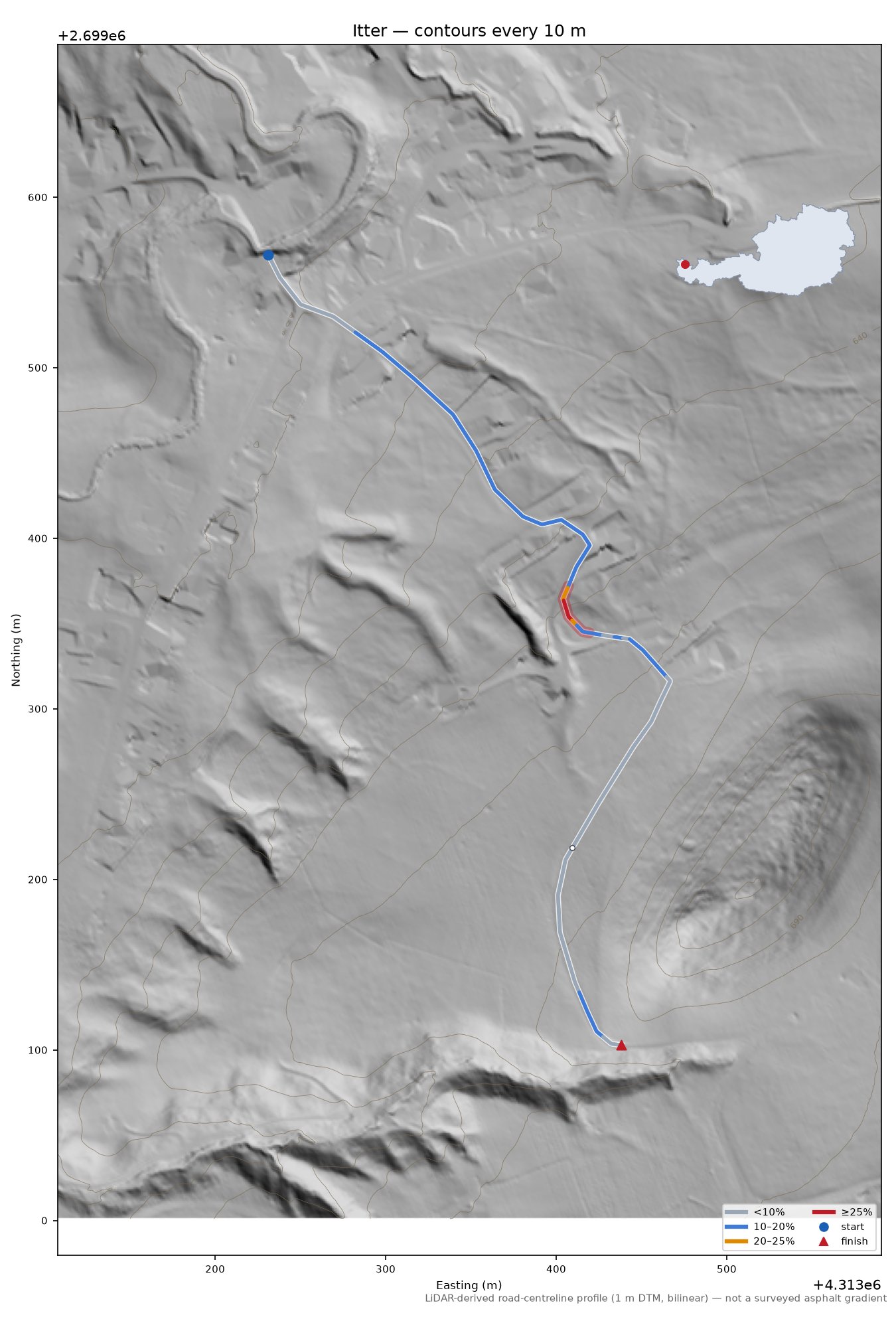 Itter LiDAR hillshade map with contours