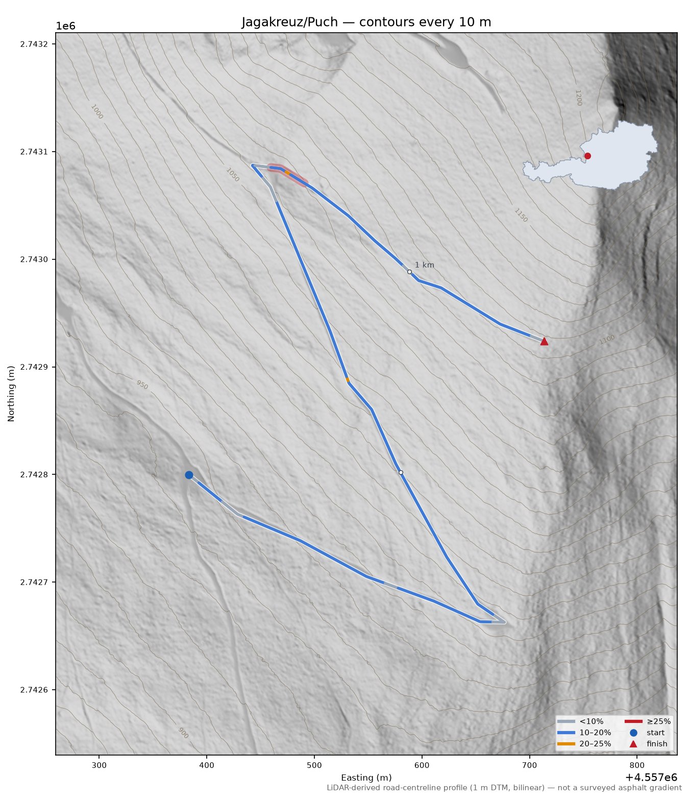 Jagakreuz/Puch LiDAR hillshade map with contours