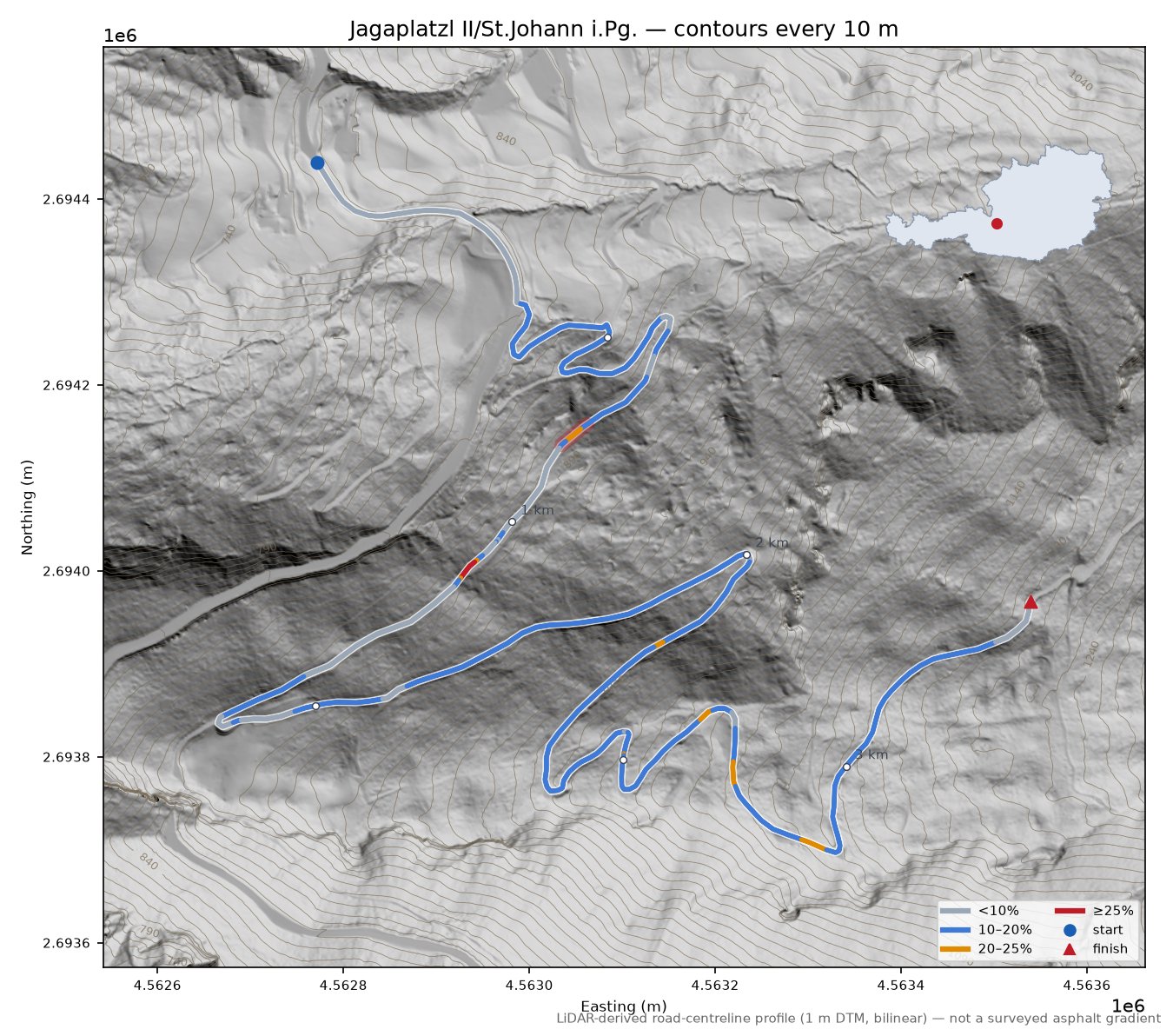 Jagaplatzl II/St.Johann i.Pg. LiDAR hillshade map with contours