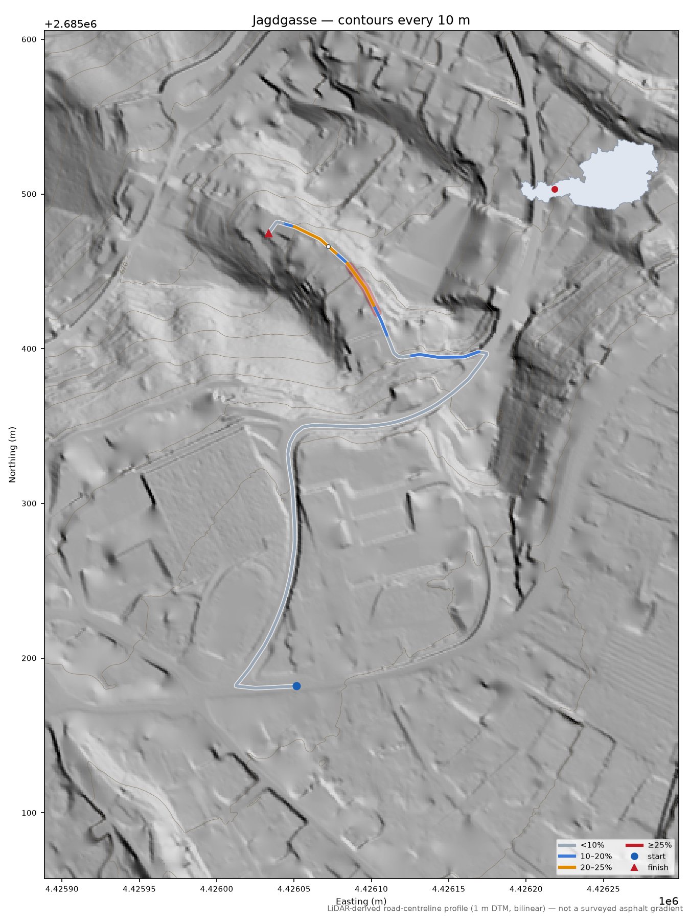 Jagdgasse LiDAR hillshade map with contours