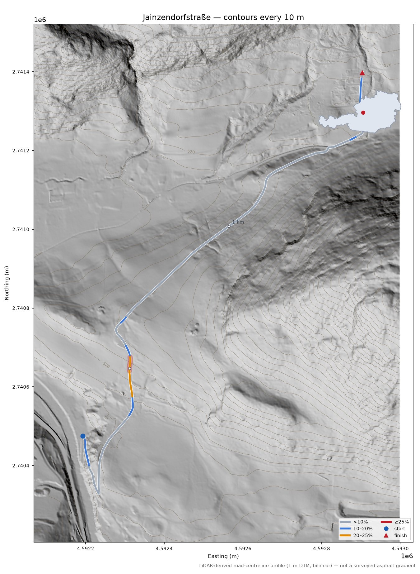 Jainzendorfstraße LiDAR hillshade map with contours