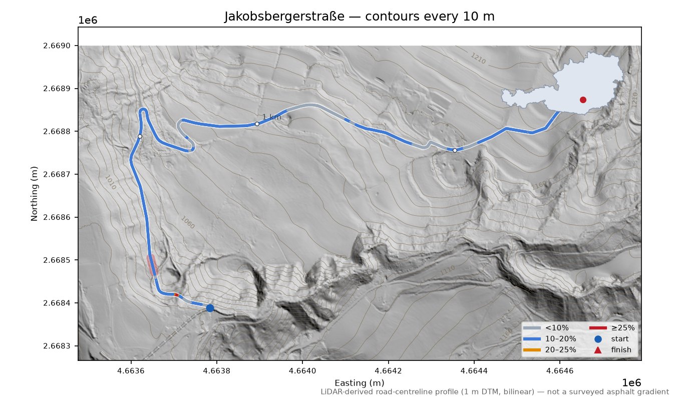 Jakobsbergerstraße LiDAR hillshade map with contours