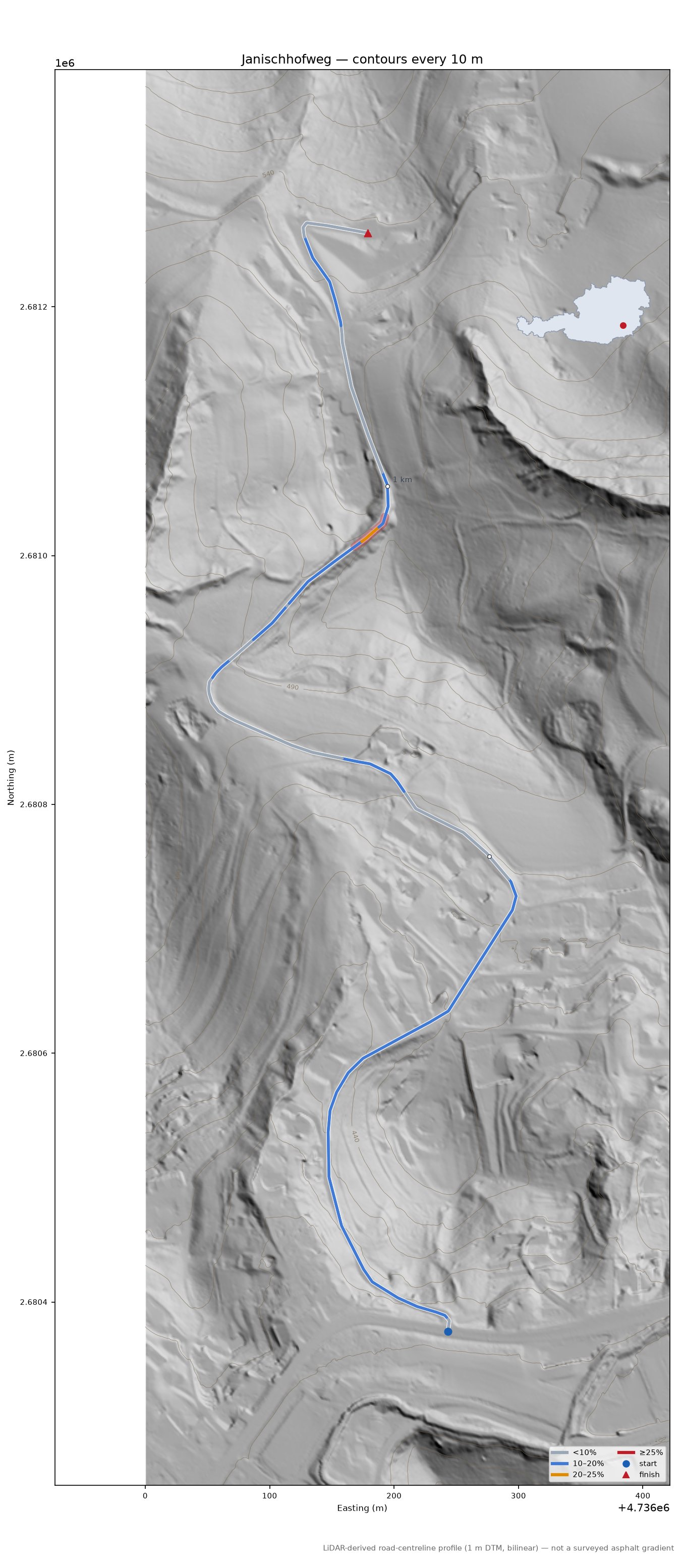 Janischhofweg LiDAR hillshade map with contours