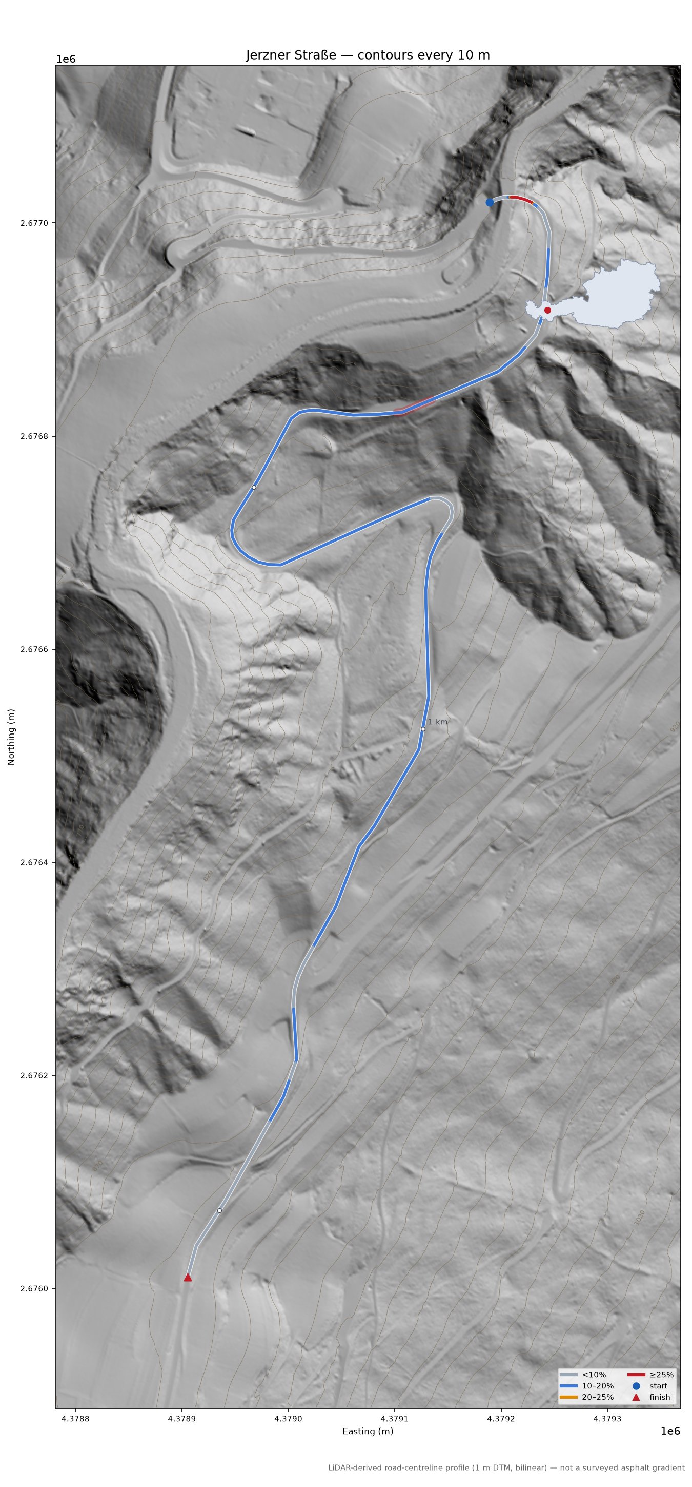 Jerzner Straße LiDAR hillshade map with contours