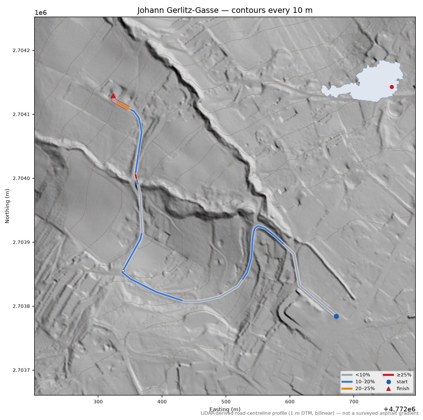 Johann Gerlitz-Gasse LiDAR hillshade map with contours