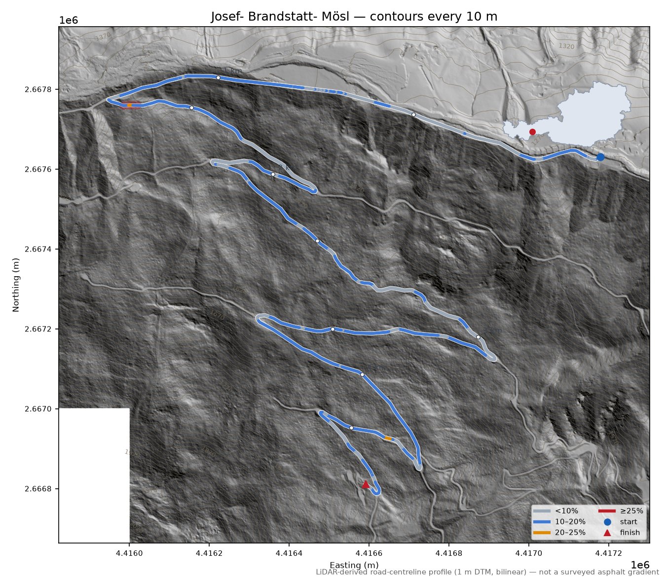 Josef- Brandstatt- Mösl LiDAR hillshade map with contours