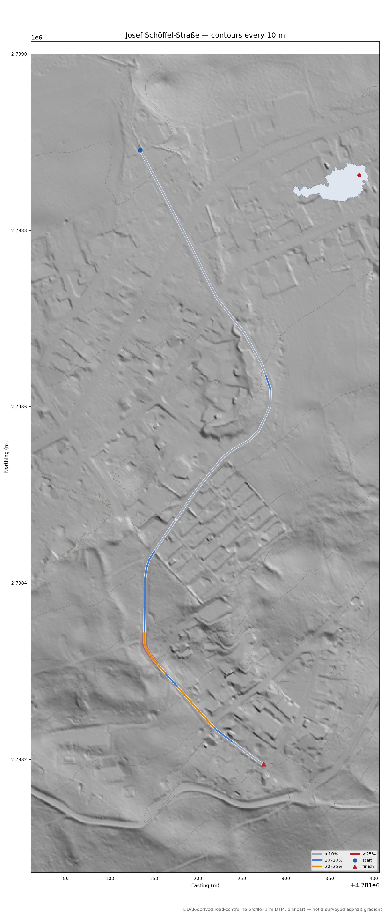 Josef Schöffel-Straße LiDAR hillshade map with contours