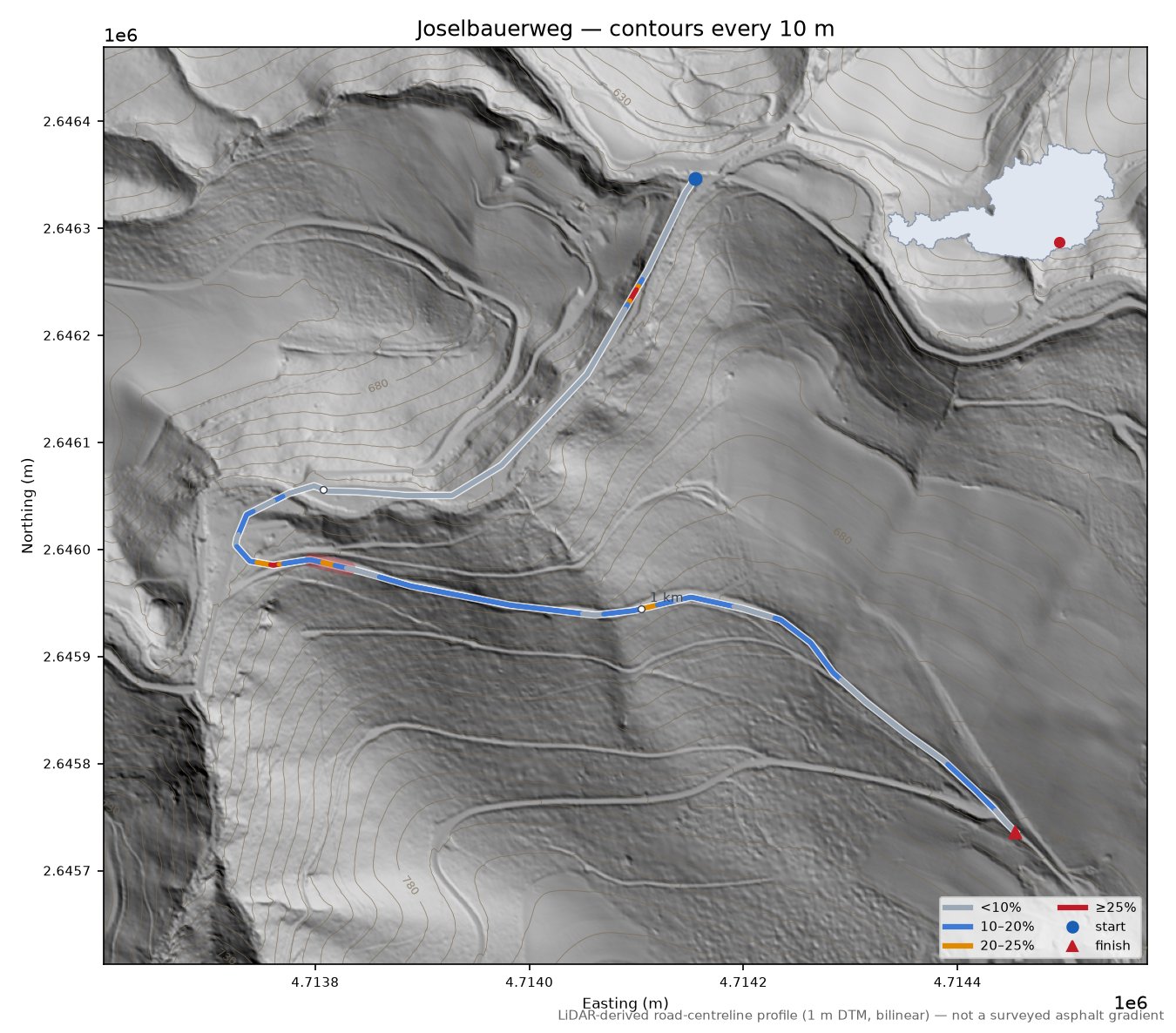 Joselbauerweg LiDAR hillshade map with contours