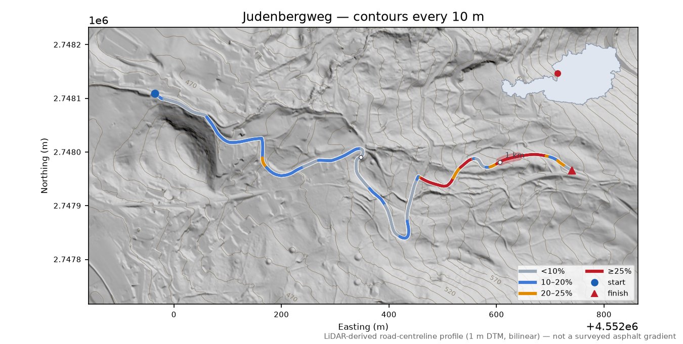 Judenbergweg LiDAR hillshade map with contours