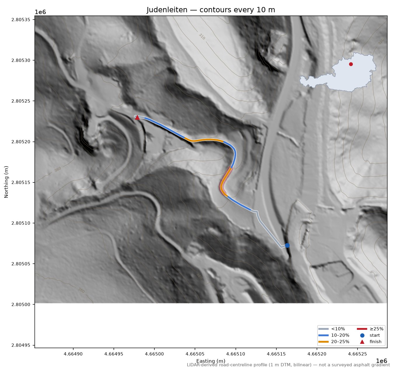 Judenleiten LiDAR hillshade map with contours