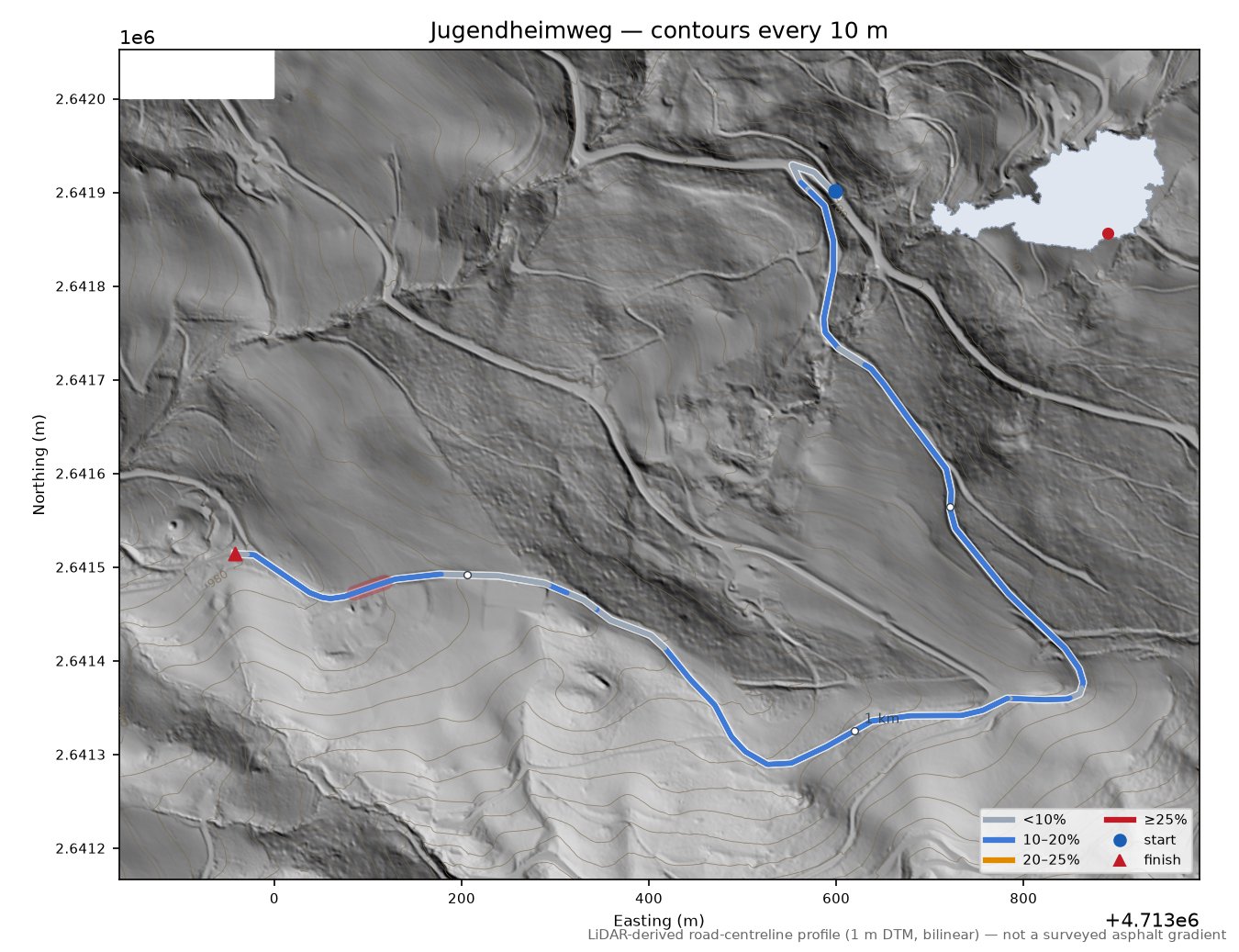 Jugendheimweg LiDAR hillshade map with contours