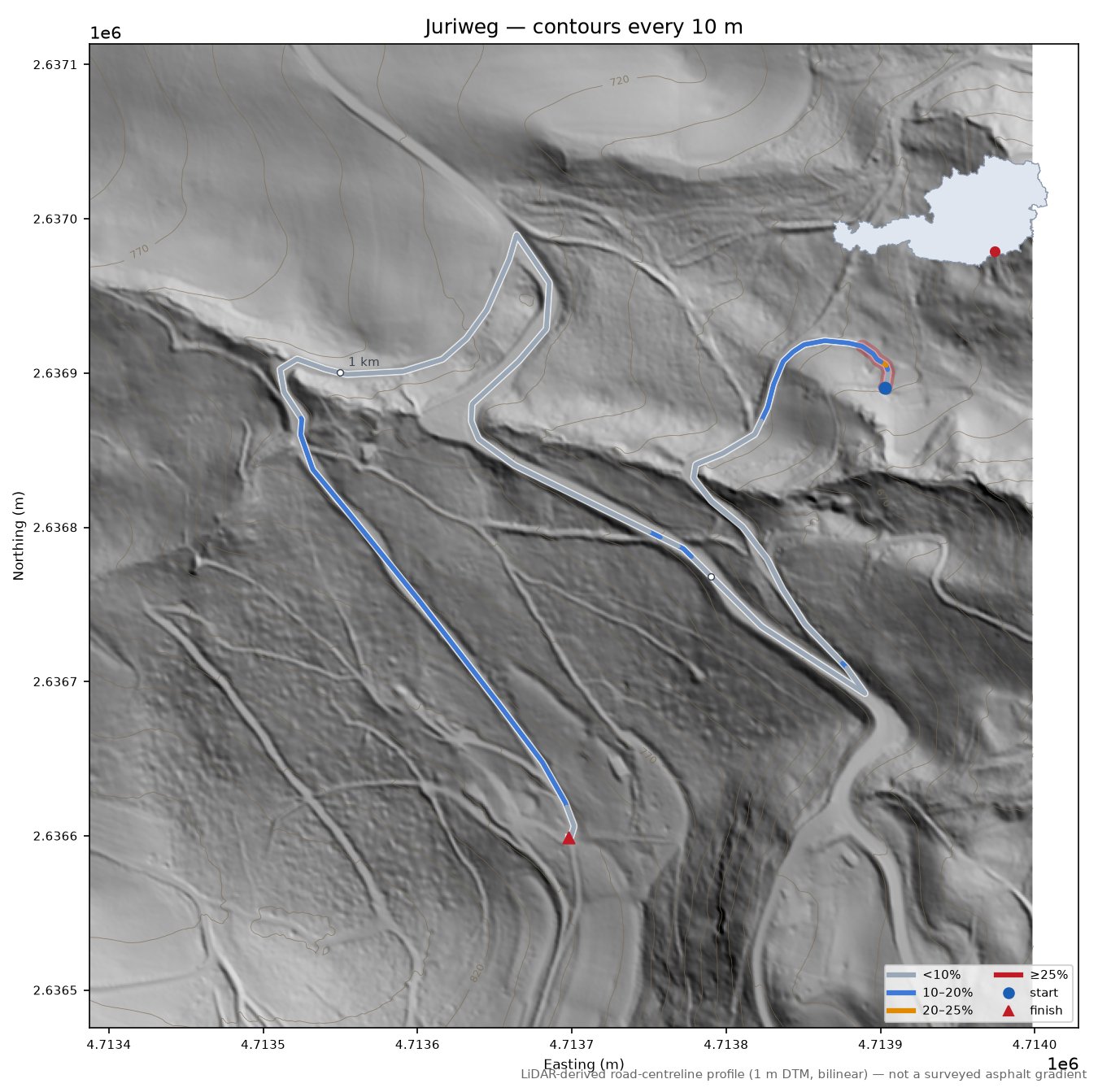 Juriweg LiDAR hillshade map with contours