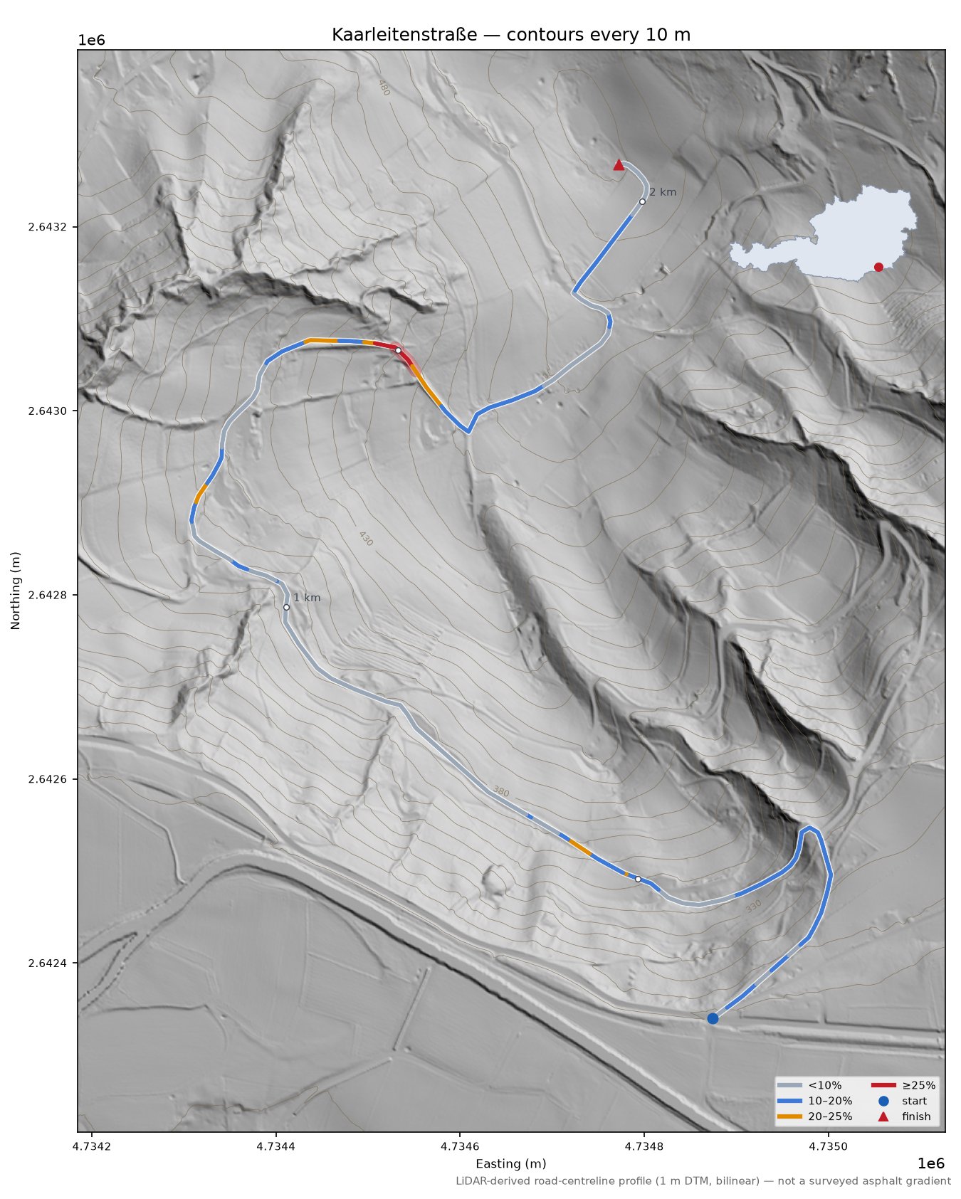 Kaarleitenstraße LiDAR hillshade map with contours