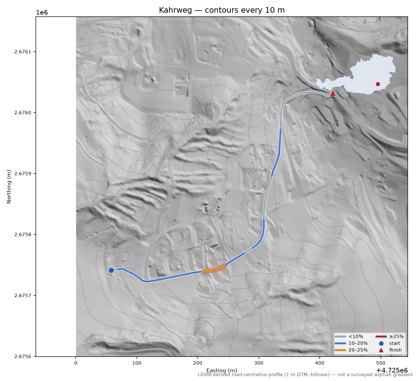 Kahrweg LiDAR hillshade map with contours
