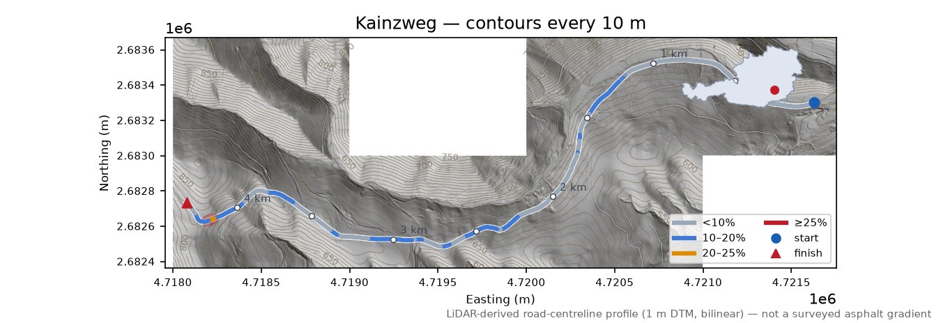 Kainzweg LiDAR hillshade map with contours