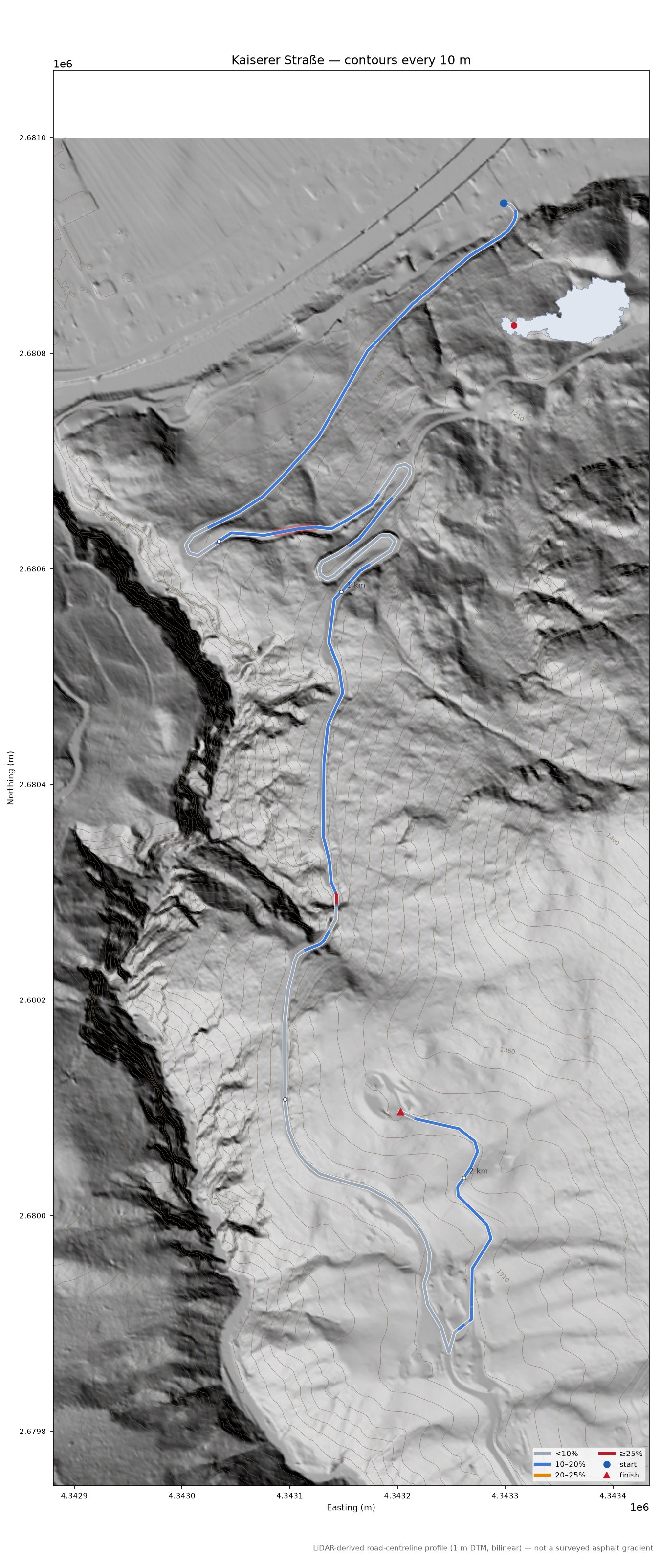 Kaiserer Straße LiDAR hillshade map with contours