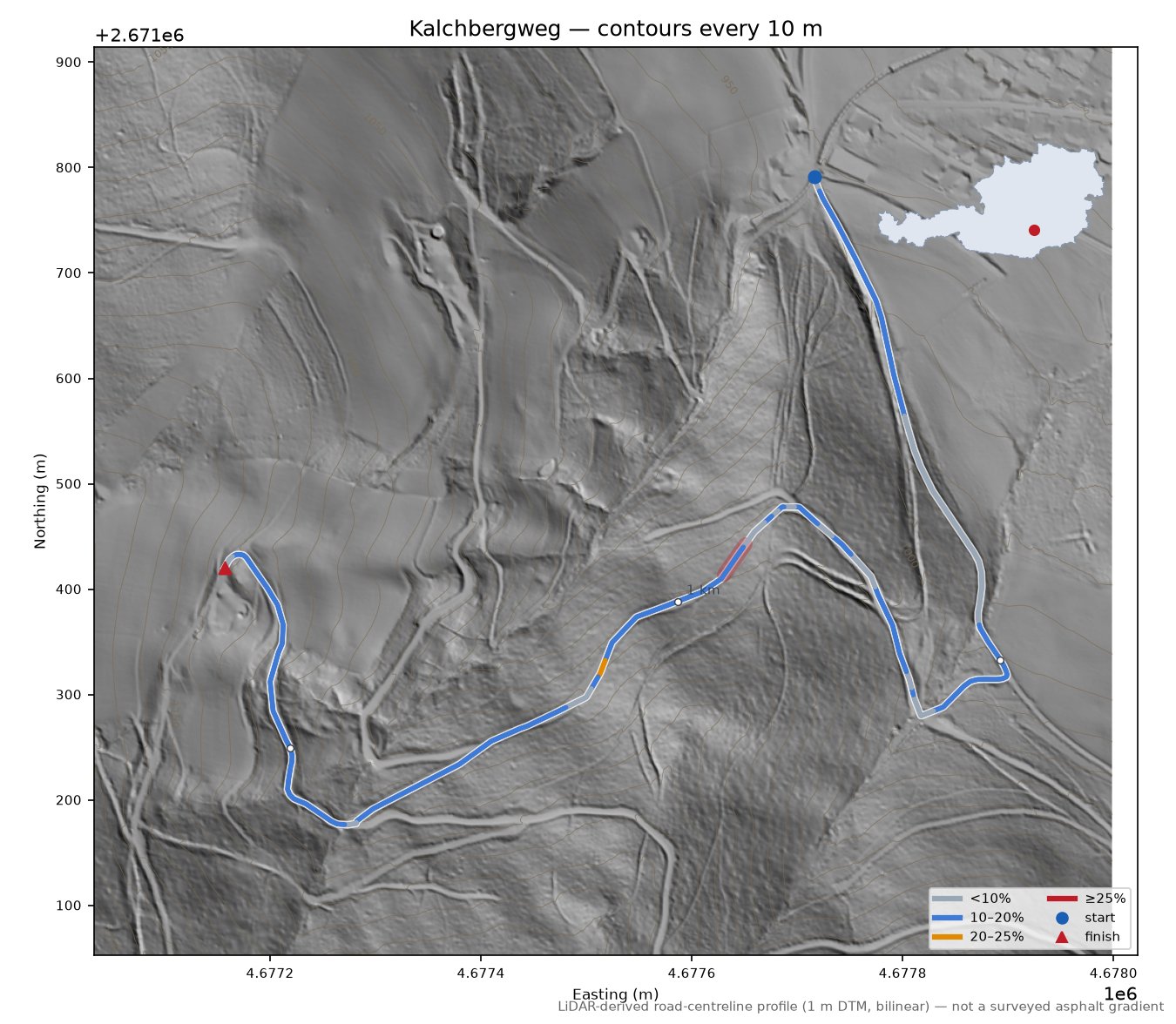 Kalchbergweg LiDAR hillshade map with contours