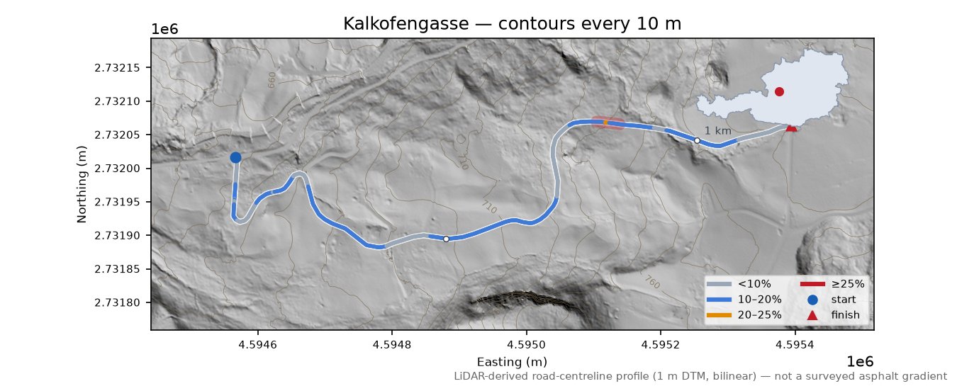 Kalkofengasse LiDAR hillshade map with contours