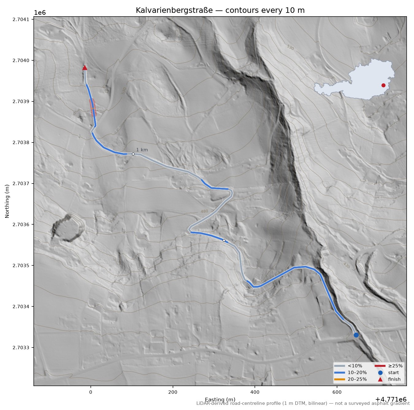 Kalvarienbergstraße LiDAR hillshade map with contours