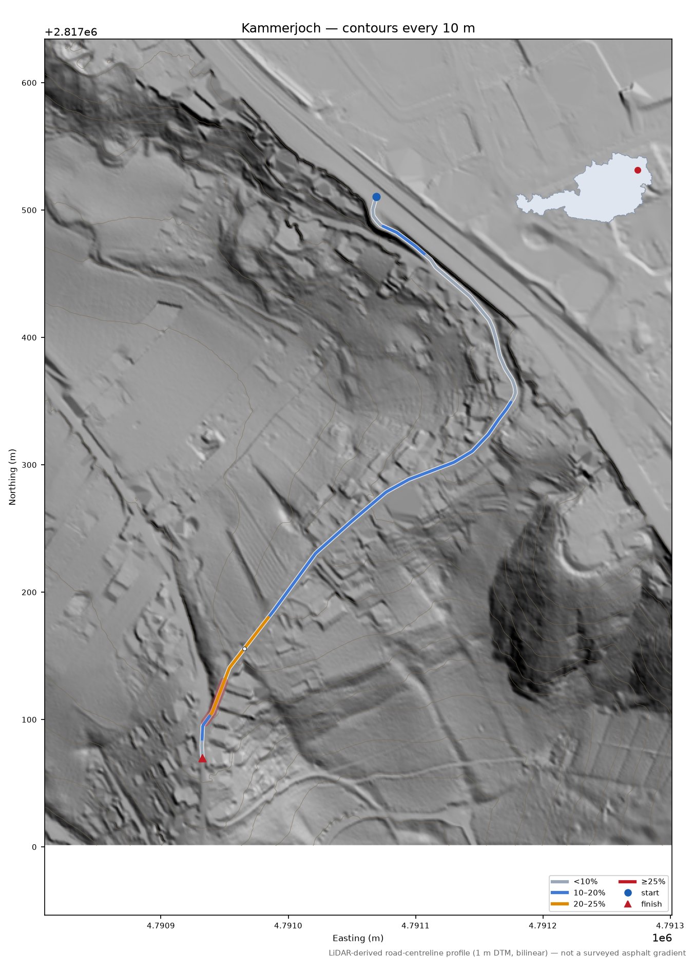 Kammerjoch LiDAR hillshade map with contours