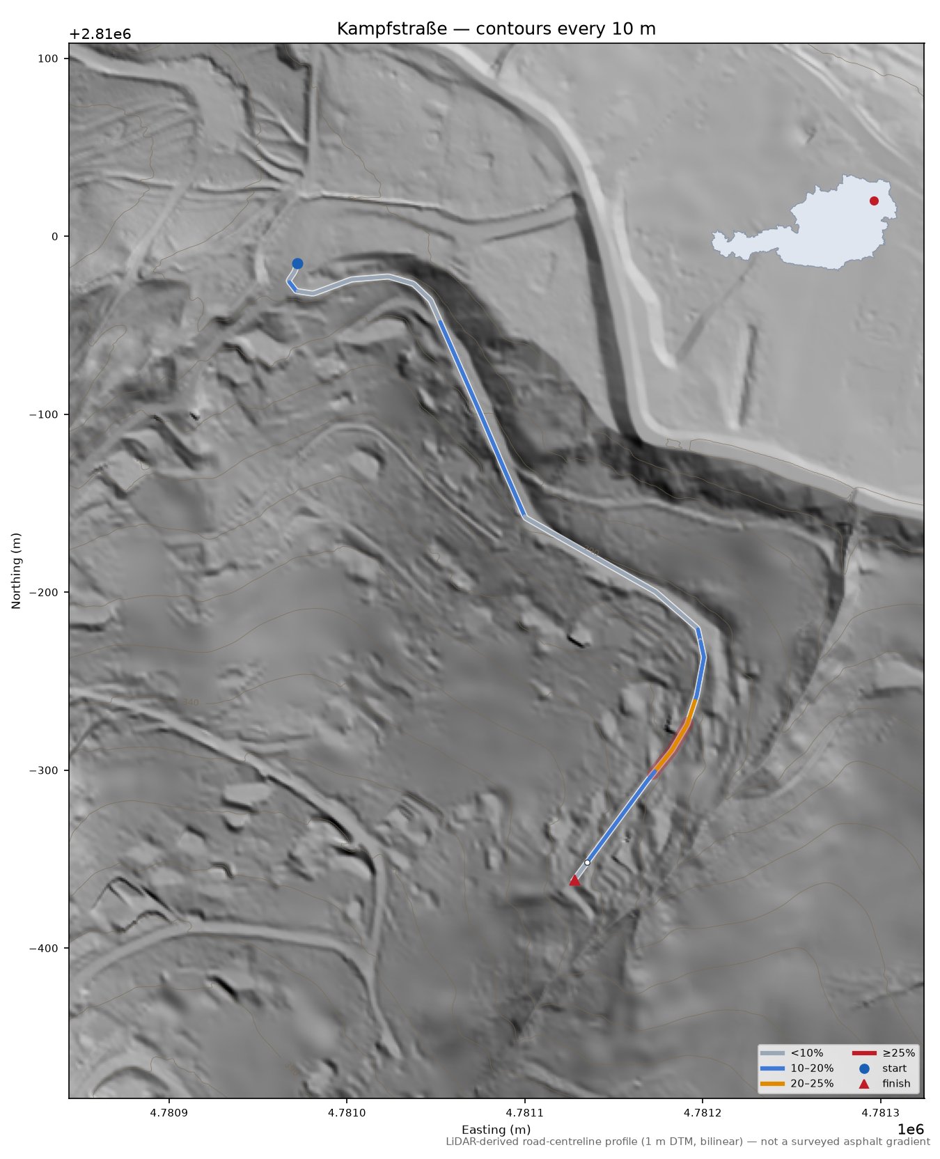 Kampfstraße LiDAR hillshade map with contours