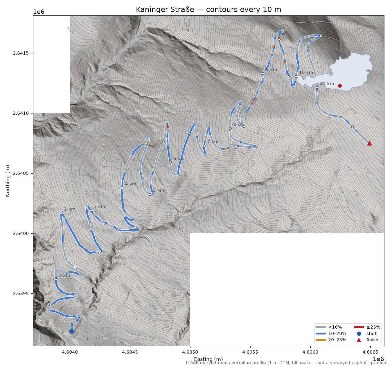 Kaninger Straße LiDAR hillshade map with contours