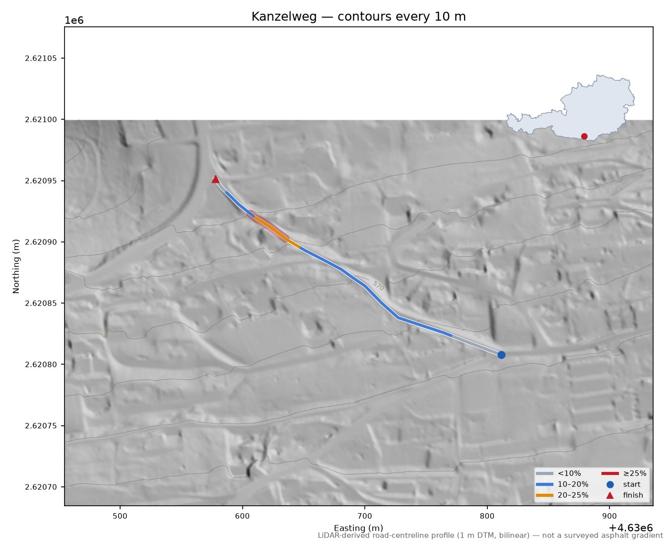 Kanzelweg LiDAR hillshade map with contours