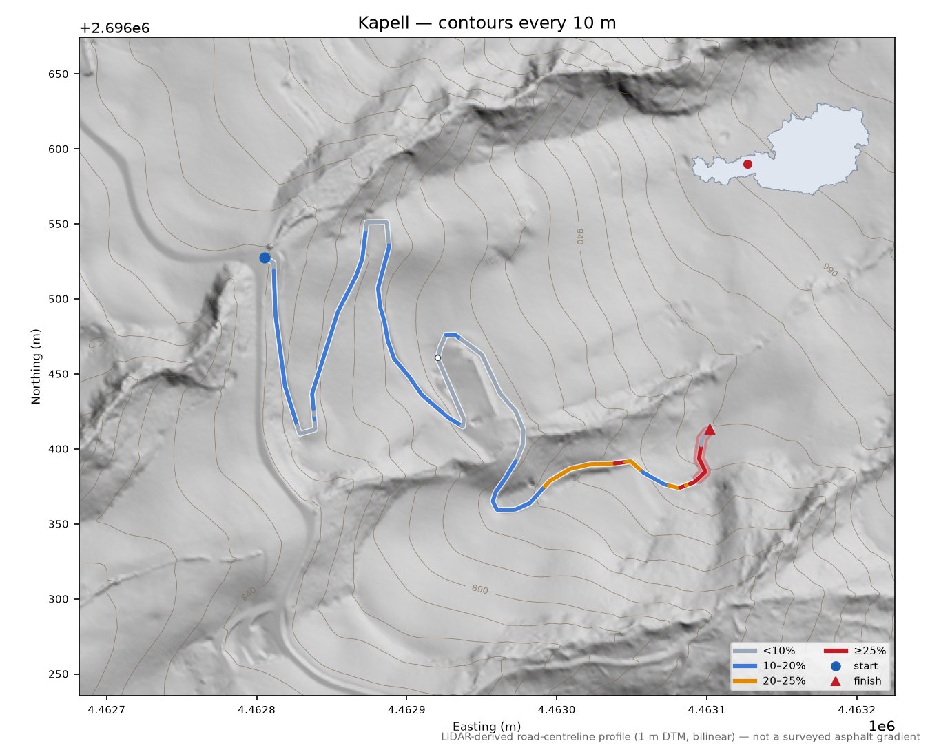 Kapell LiDAR hillshade map with contours