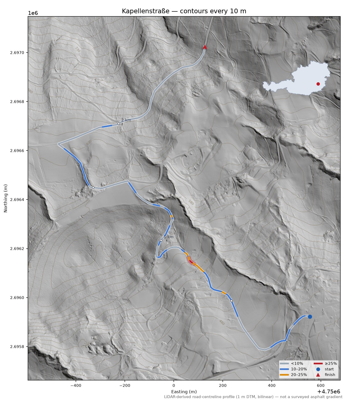 Kapellenstraße LiDAR hillshade map with contours