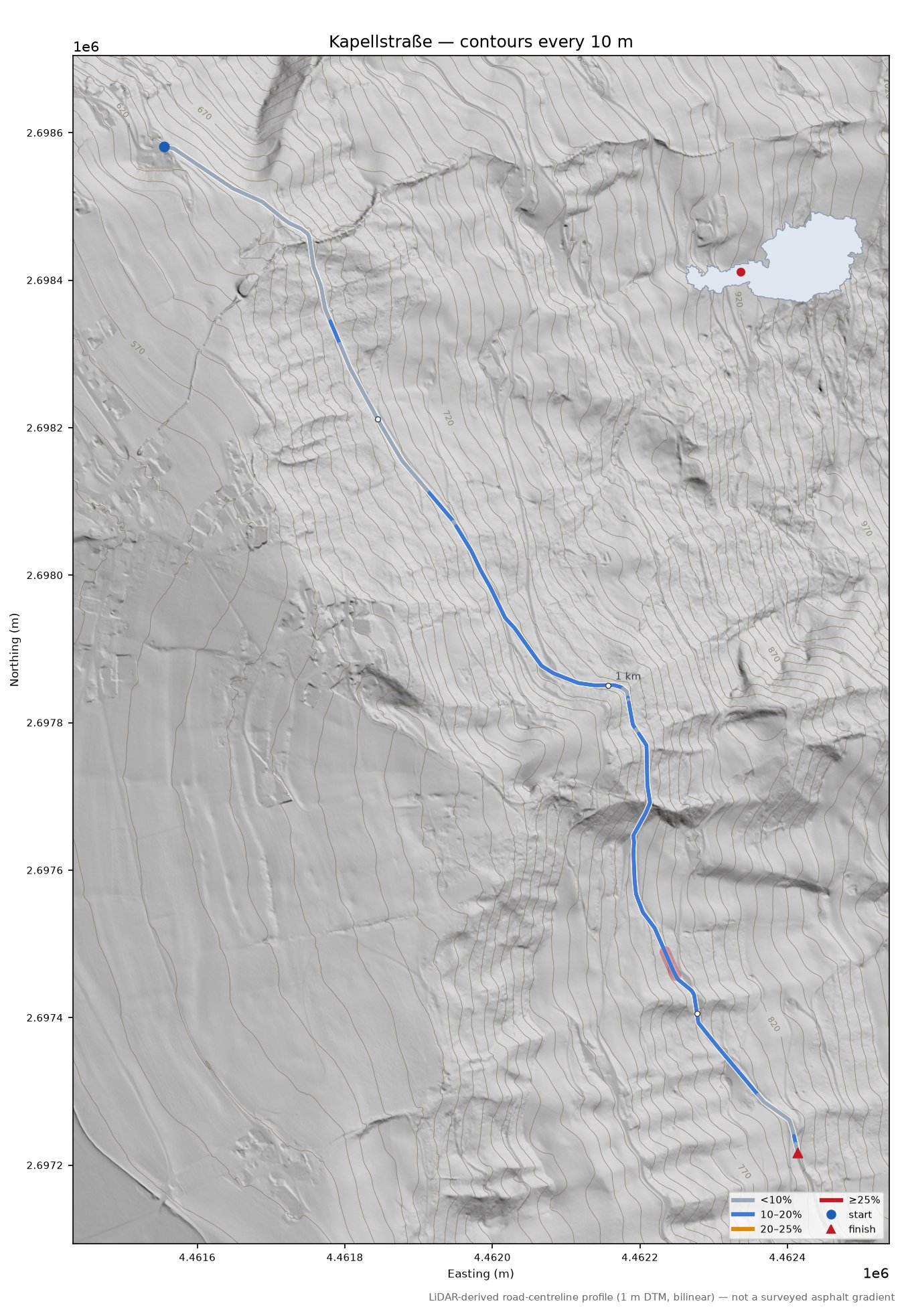 Kapellstraße LiDAR hillshade map with contours