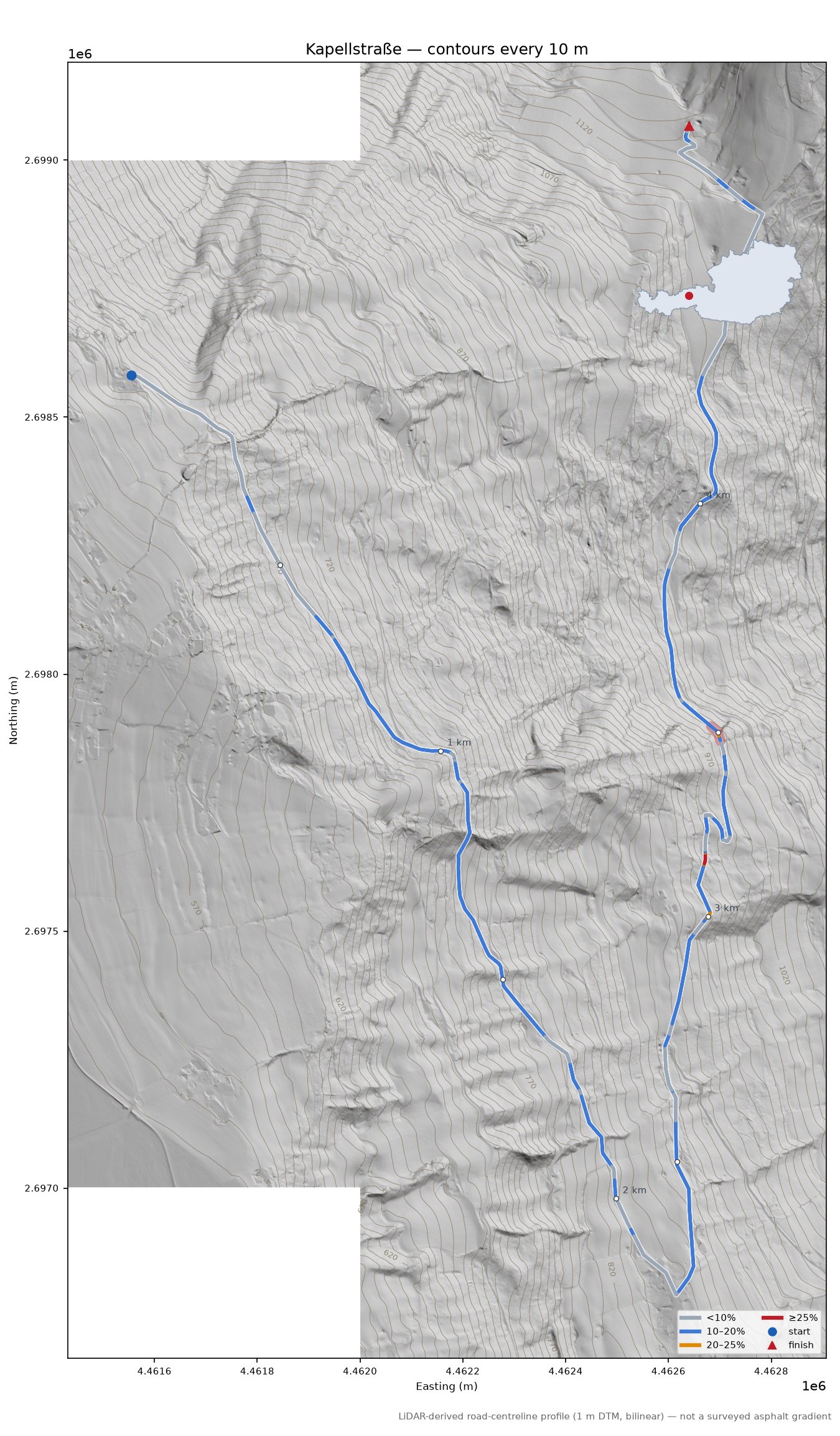 Kapellstraße LiDAR hillshade map with contours