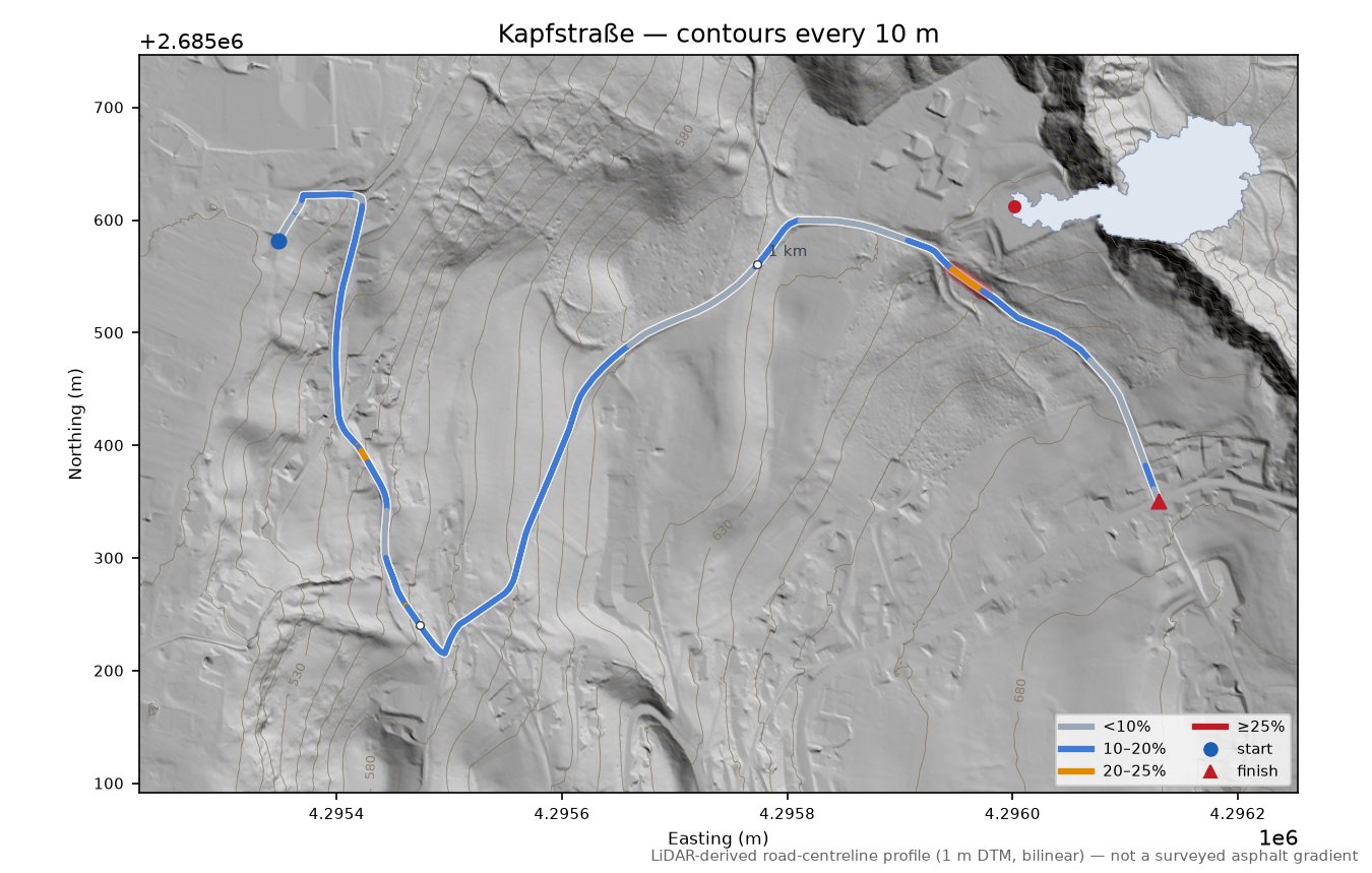 Kapfstraße LiDAR hillshade map with contours