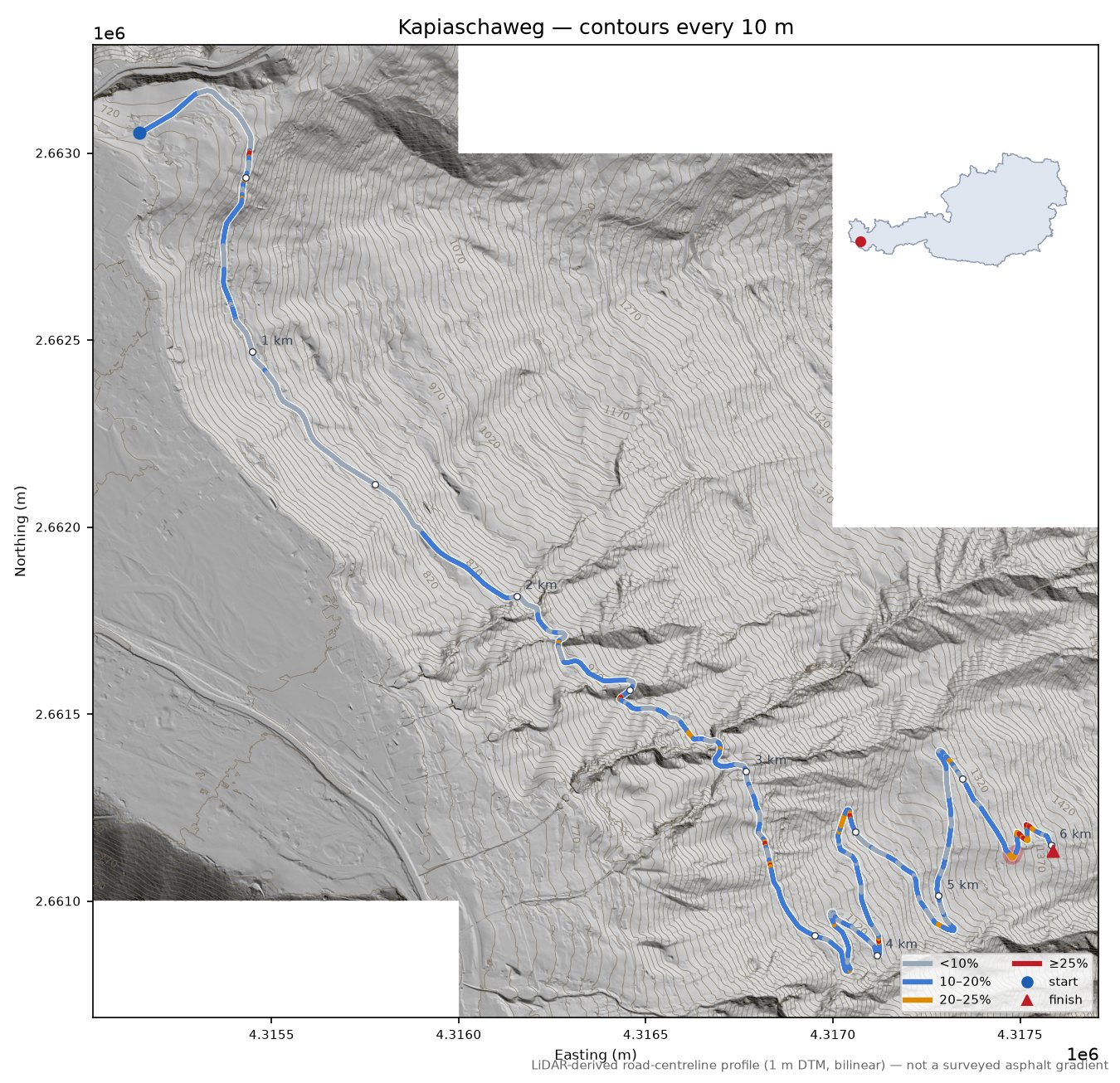 Kapiaschaweg LiDAR hillshade map with contours
