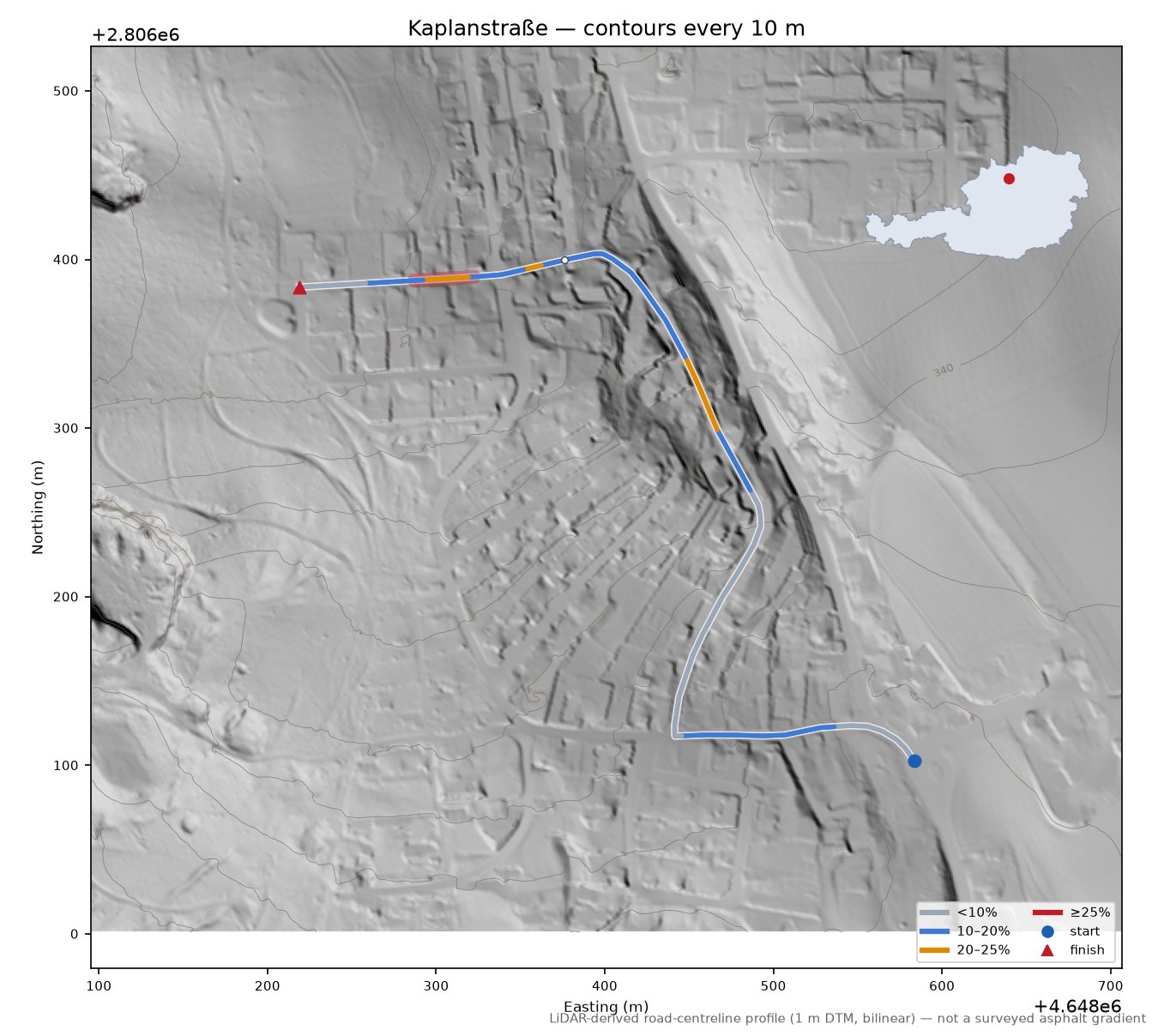 Kaplanstraße LiDAR hillshade map with contours