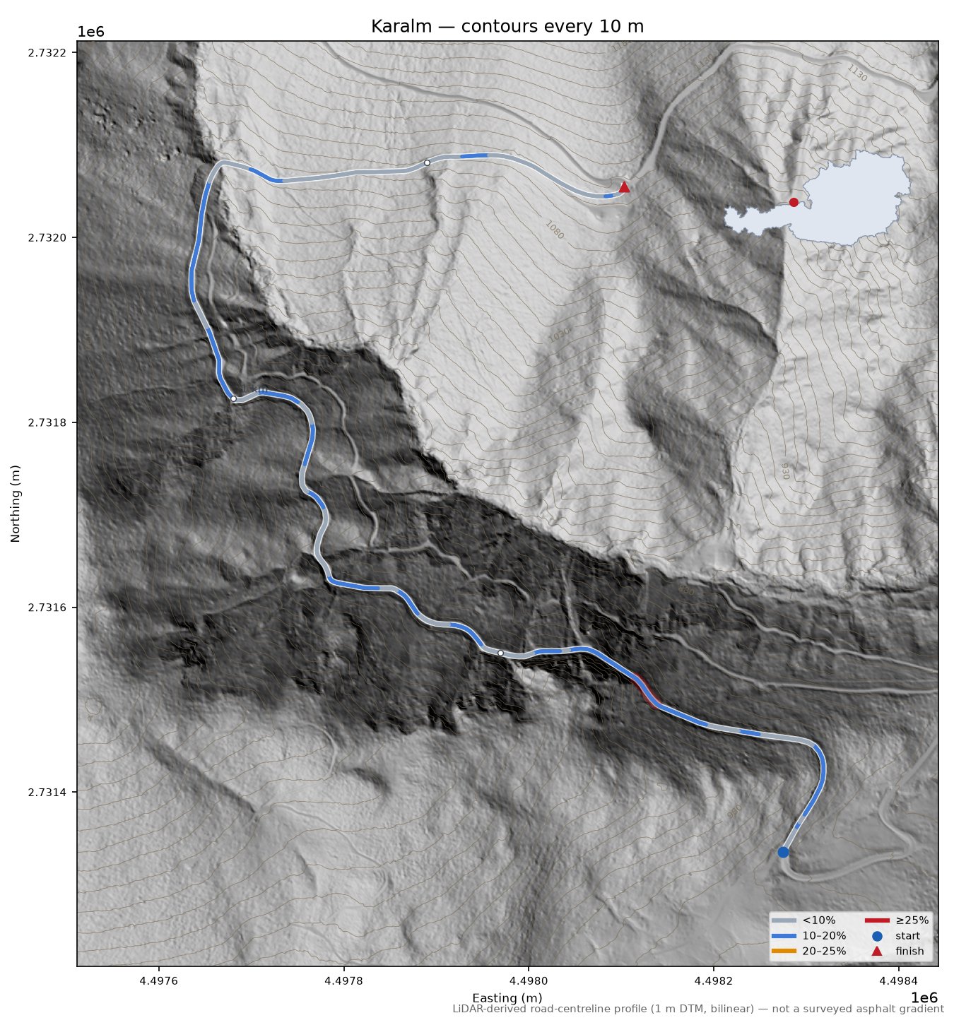 Karalm LiDAR hillshade map with contours