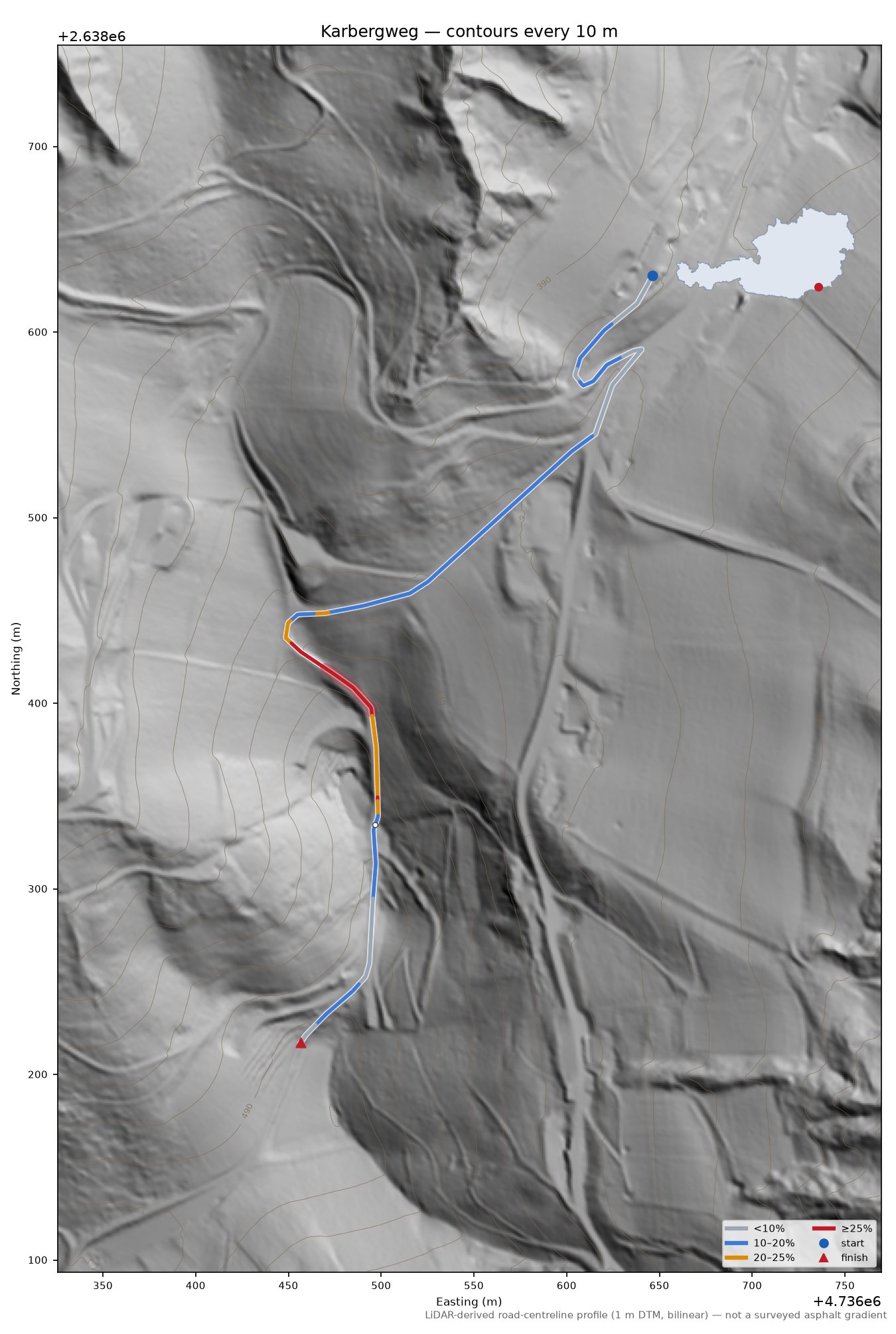Karbergweg LiDAR hillshade map with contours