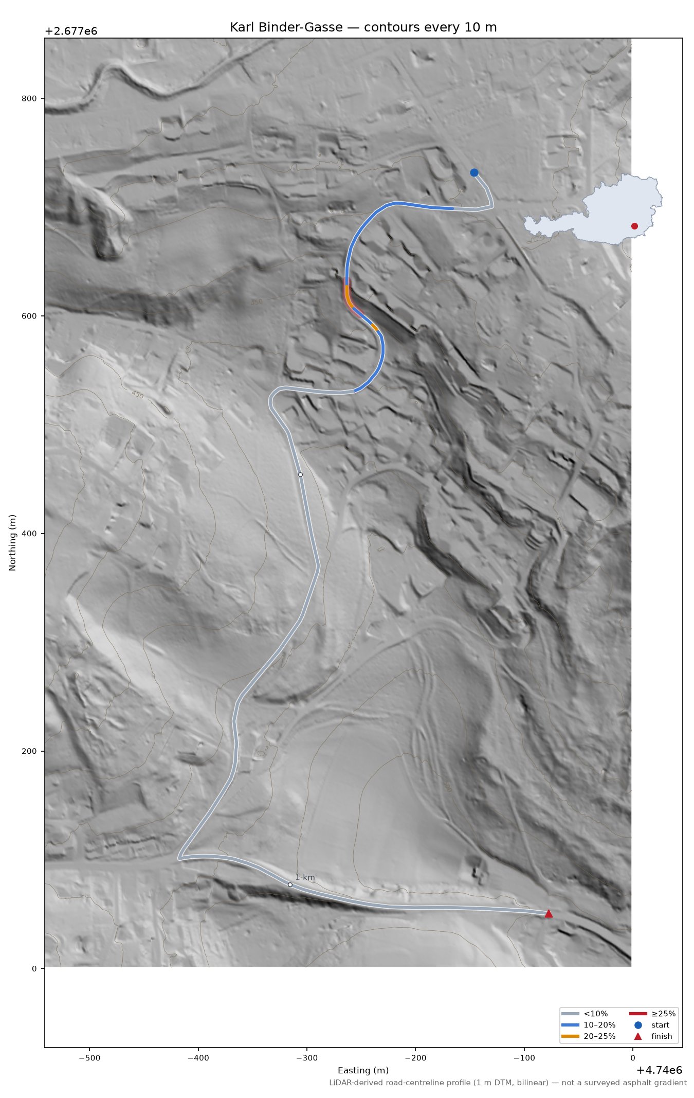 Karl Binder-Gasse LiDAR hillshade map with contours
