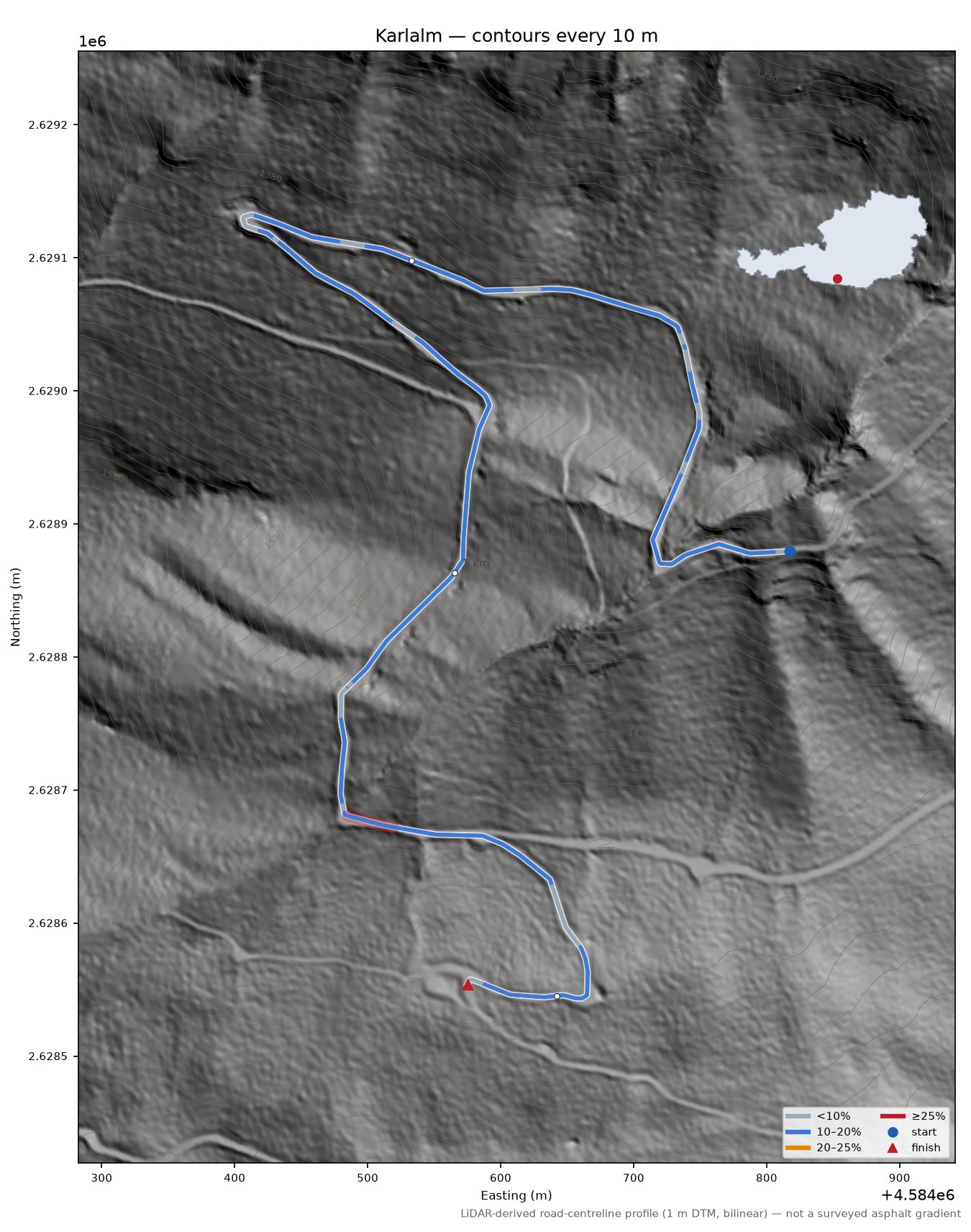 Karlalm LiDAR hillshade map with contours