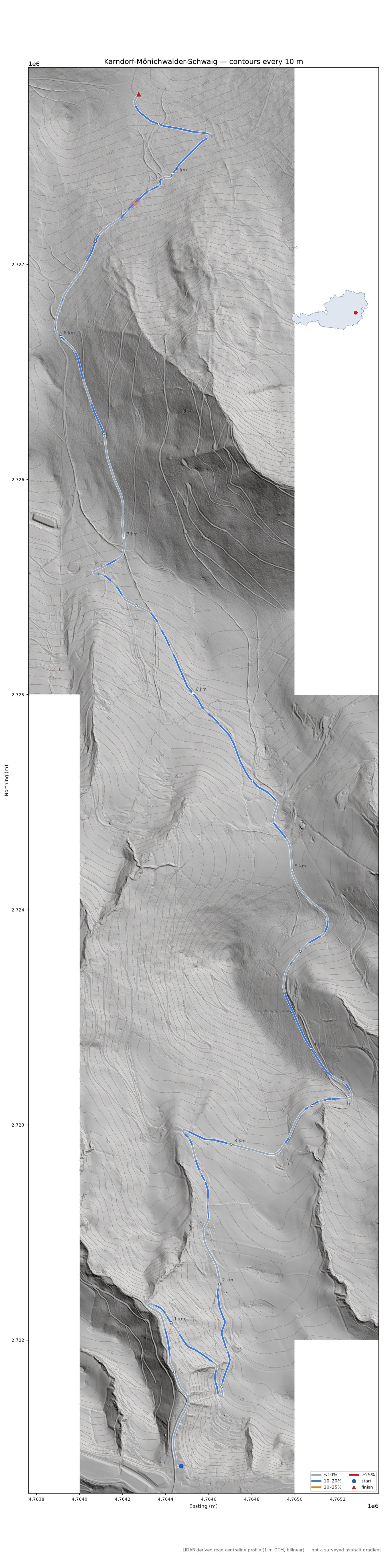 Karndorf-Mönichwalder-Schwaig LiDAR hillshade map with contours