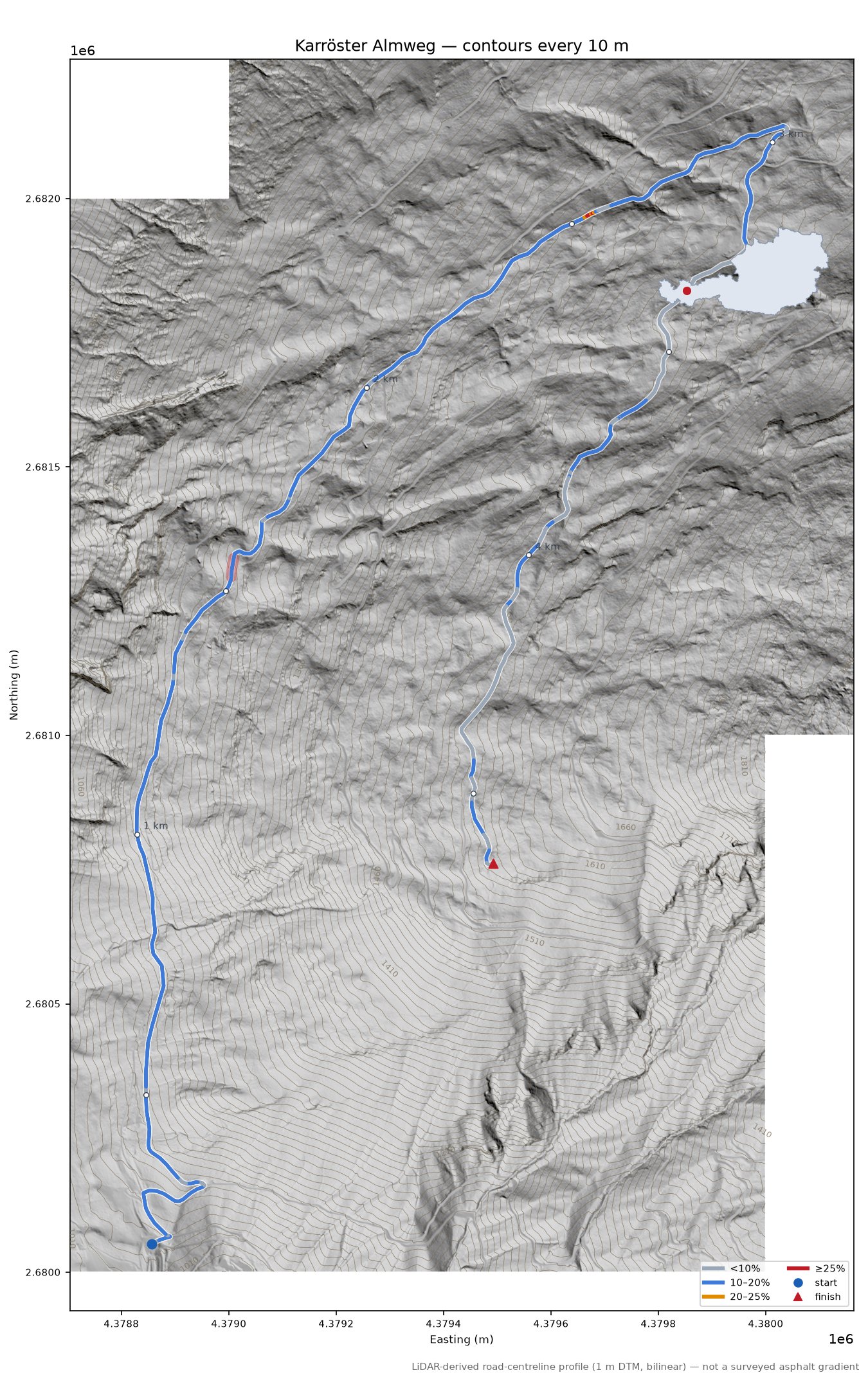 Karröster Almweg LiDAR hillshade map with contours