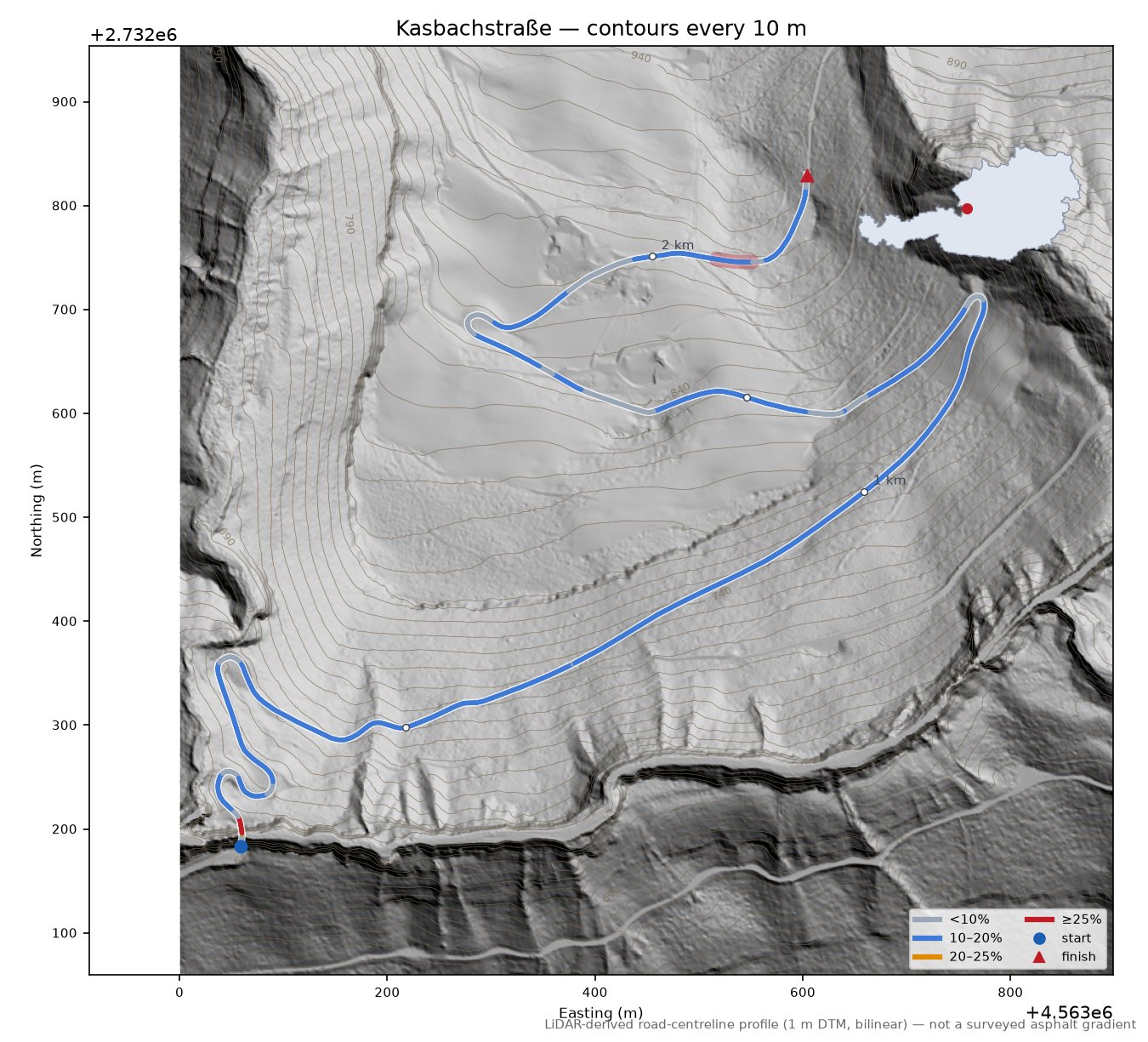 Kasbachstraße LiDAR hillshade map with contours