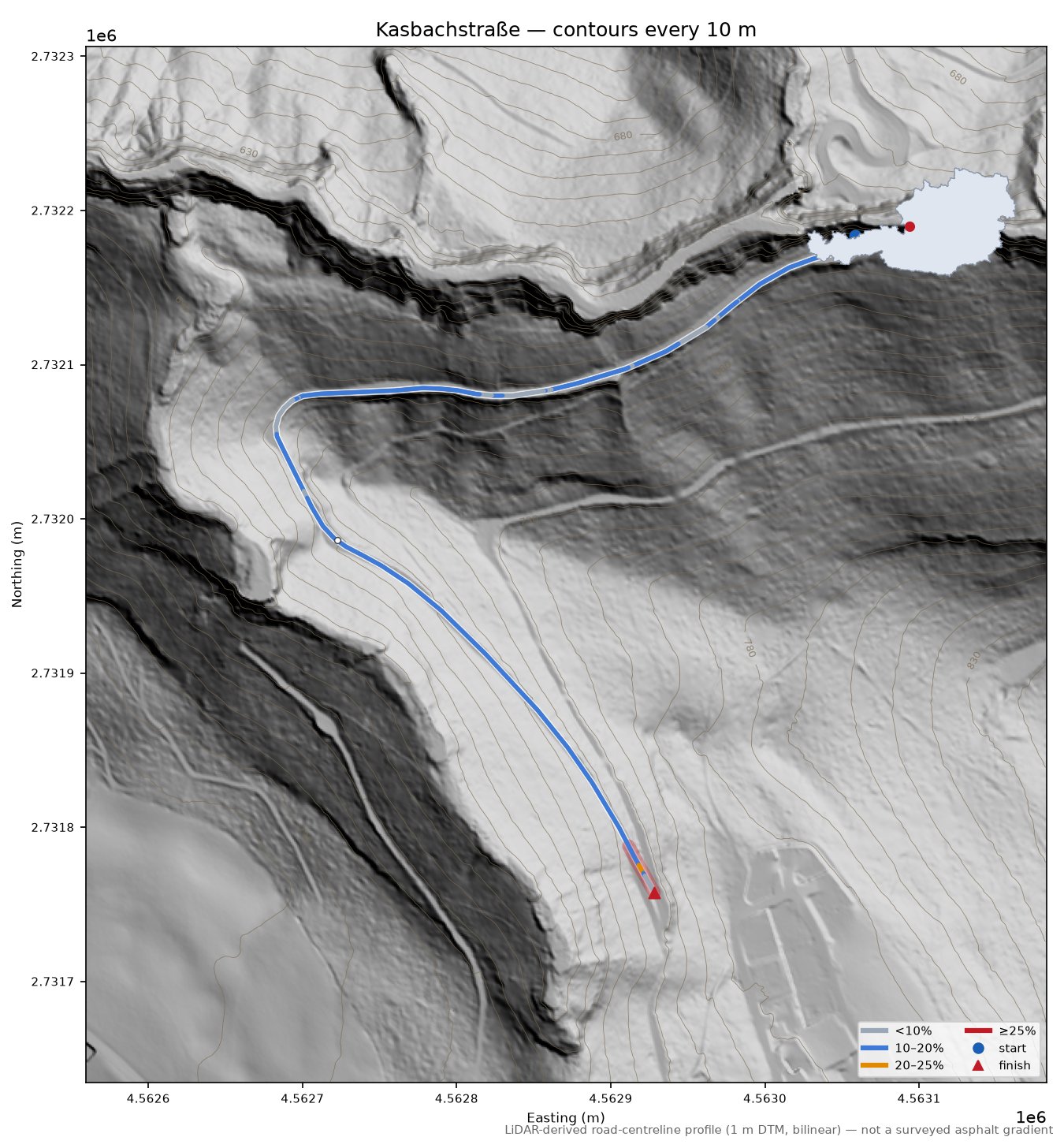 Kasbachstraße LiDAR hillshade map with contours