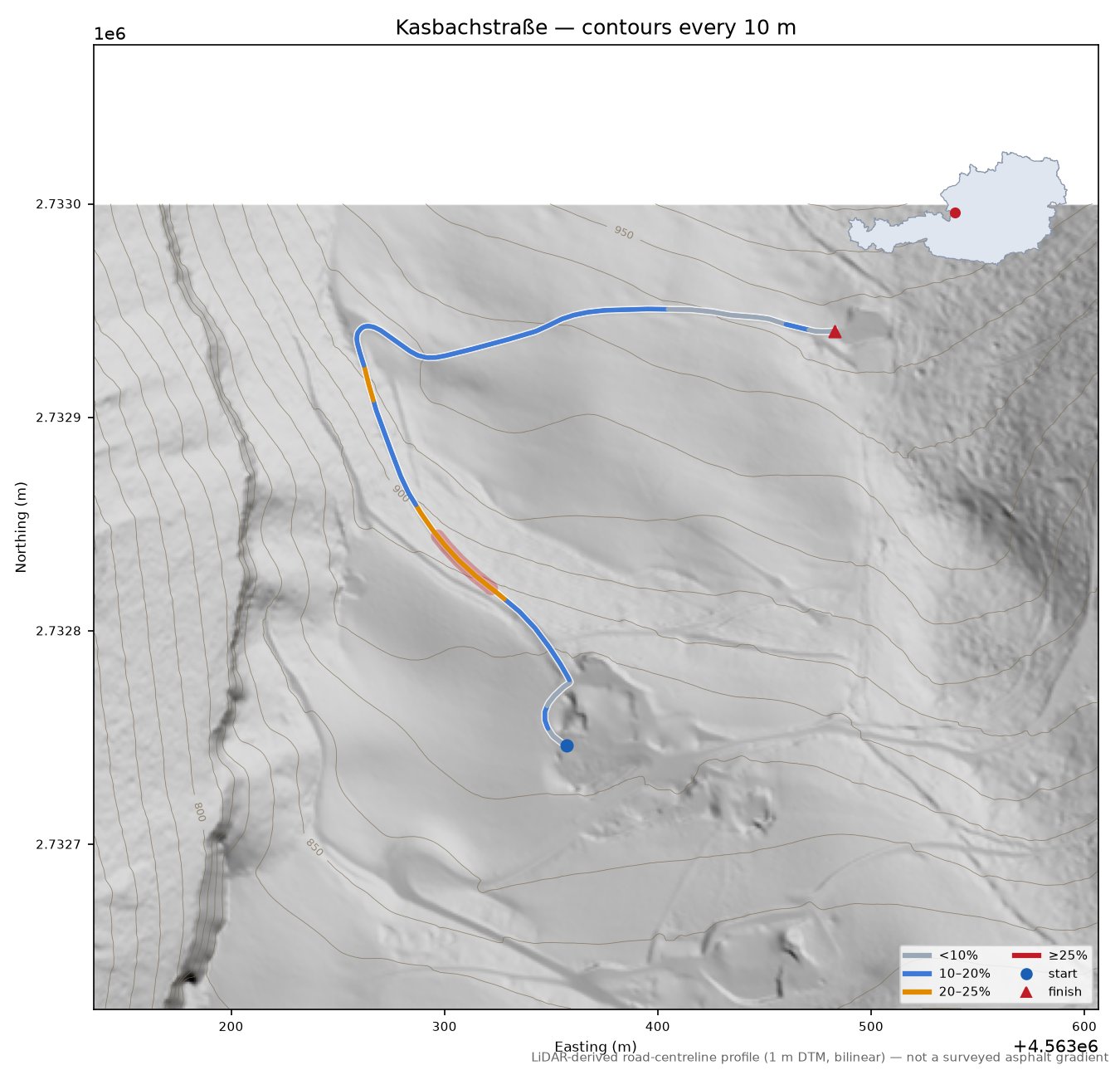 Kasbachstraße LiDAR hillshade map with contours