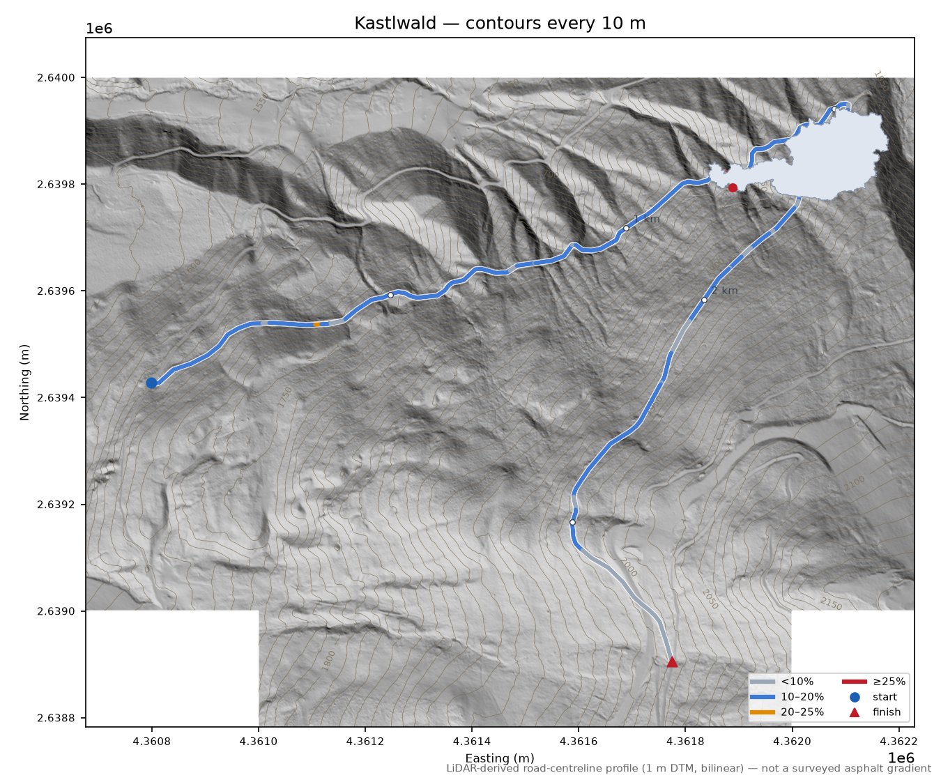 Kastlwald LiDAR hillshade map with contours