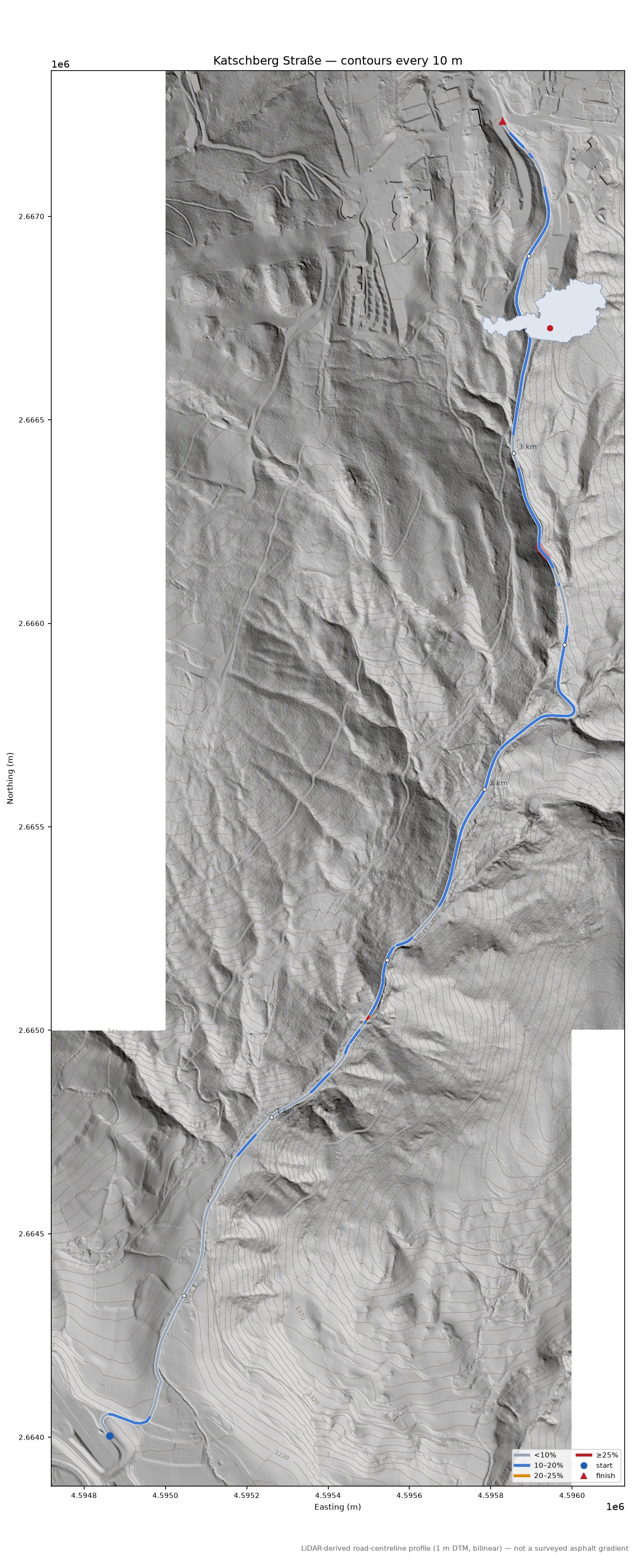 Katschberg Straße LiDAR hillshade map with contours