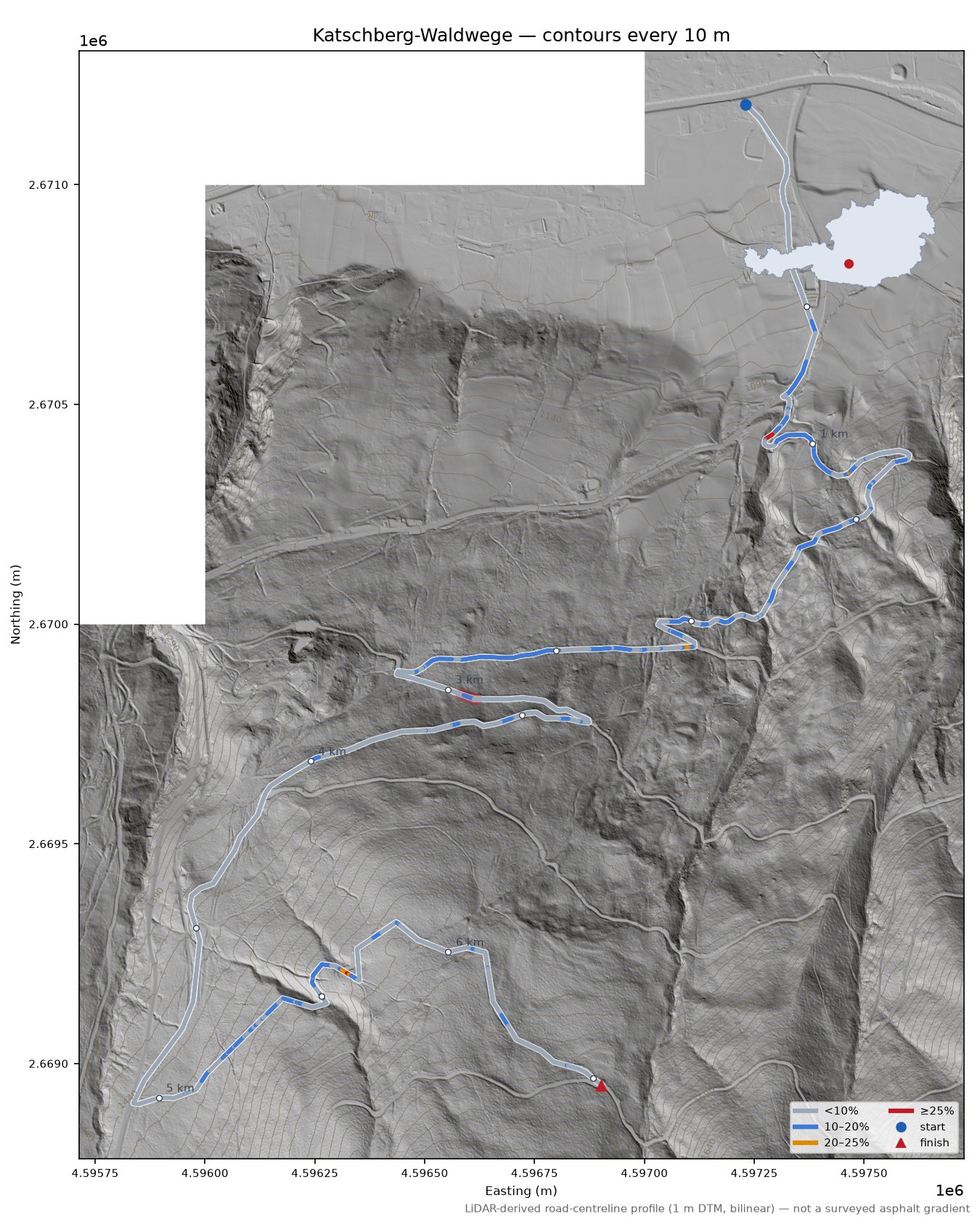 Katschberg-Waldwege LiDAR hillshade map with contours