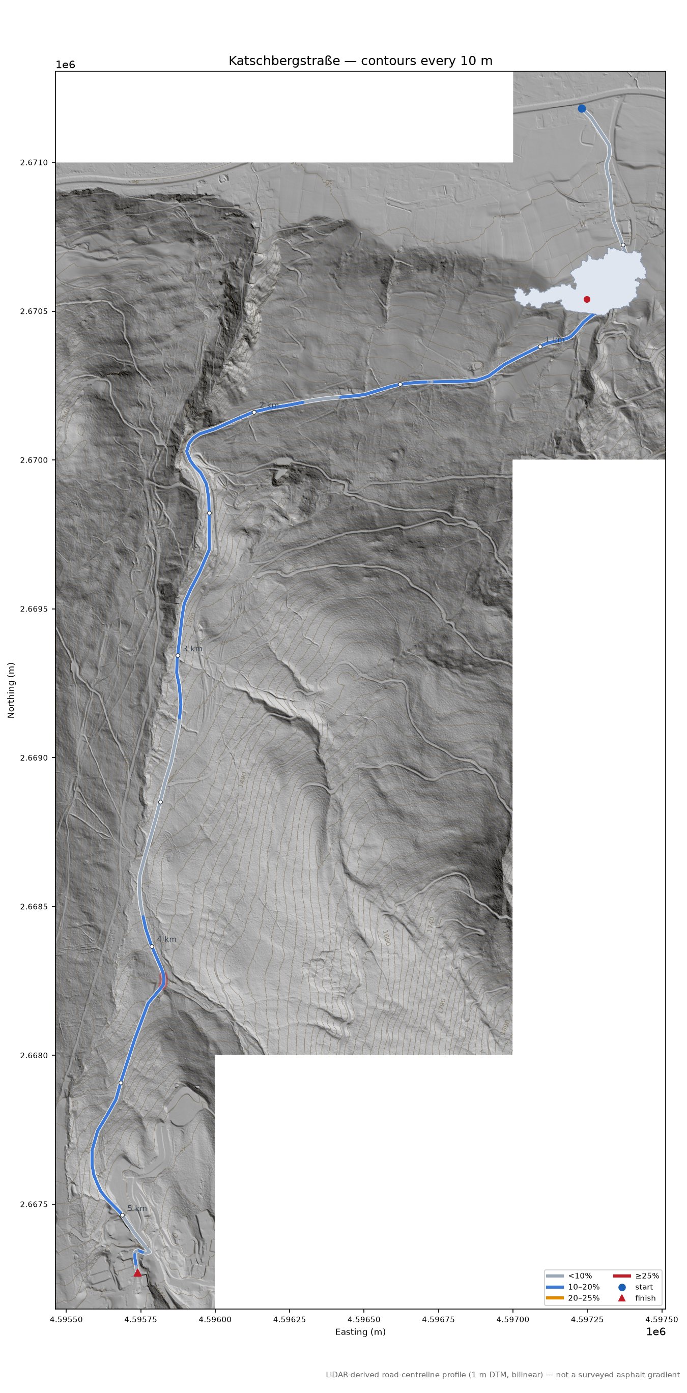 Katschbergstraße LiDAR hillshade map with contours