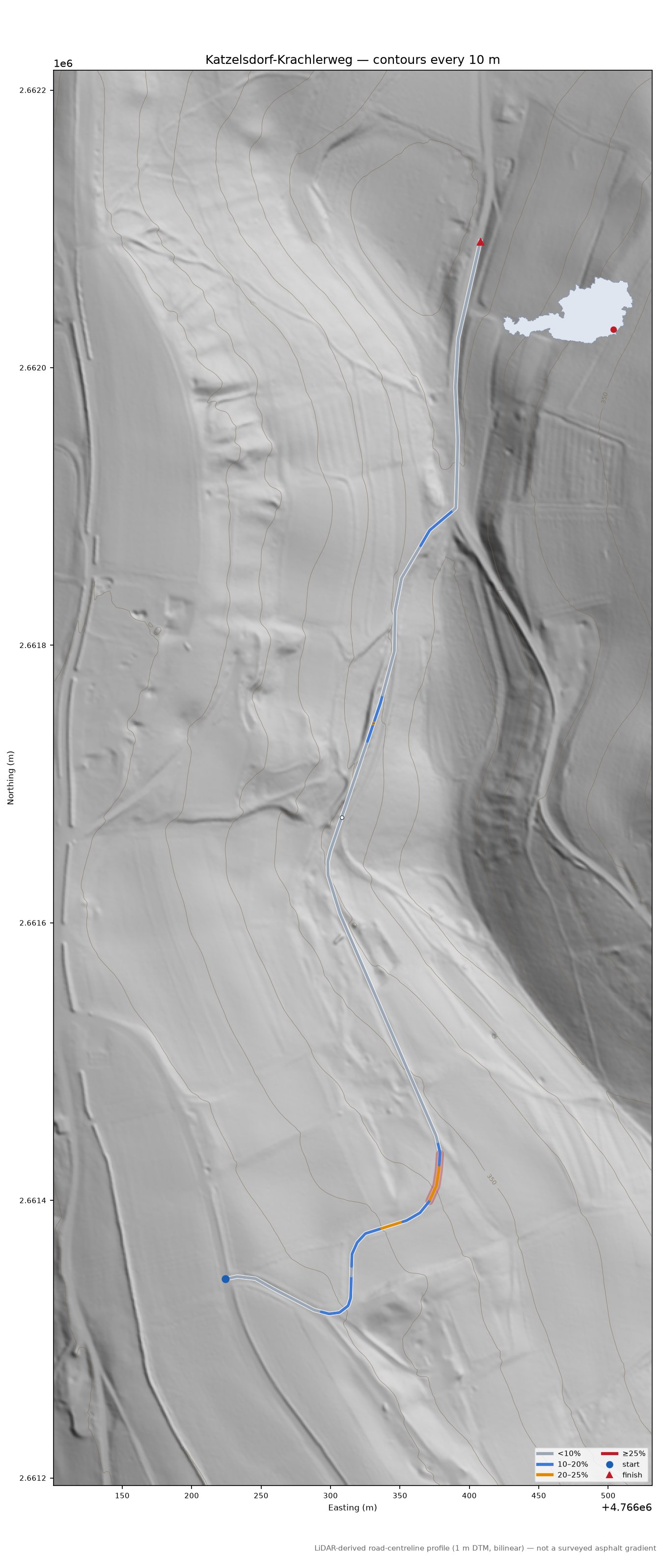 Katzelsdorf-Krachlerweg LiDAR hillshade map with contours