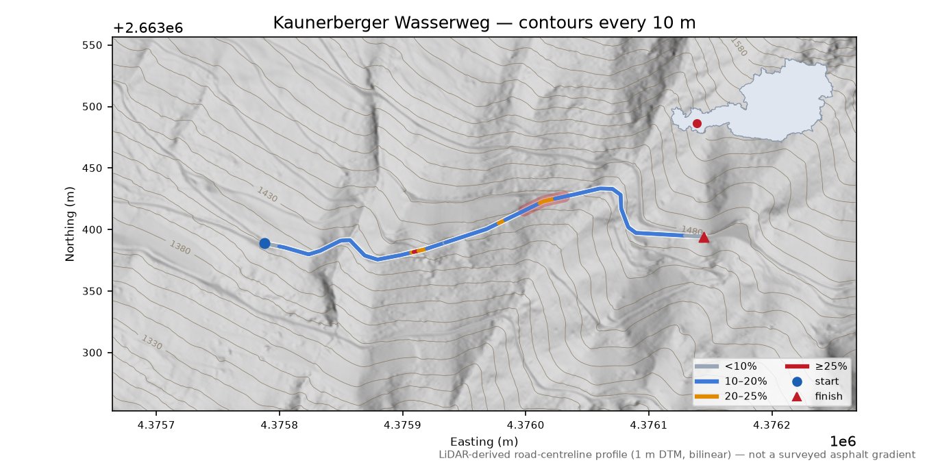 Kaunerberger Wasserweg LiDAR hillshade map with contours